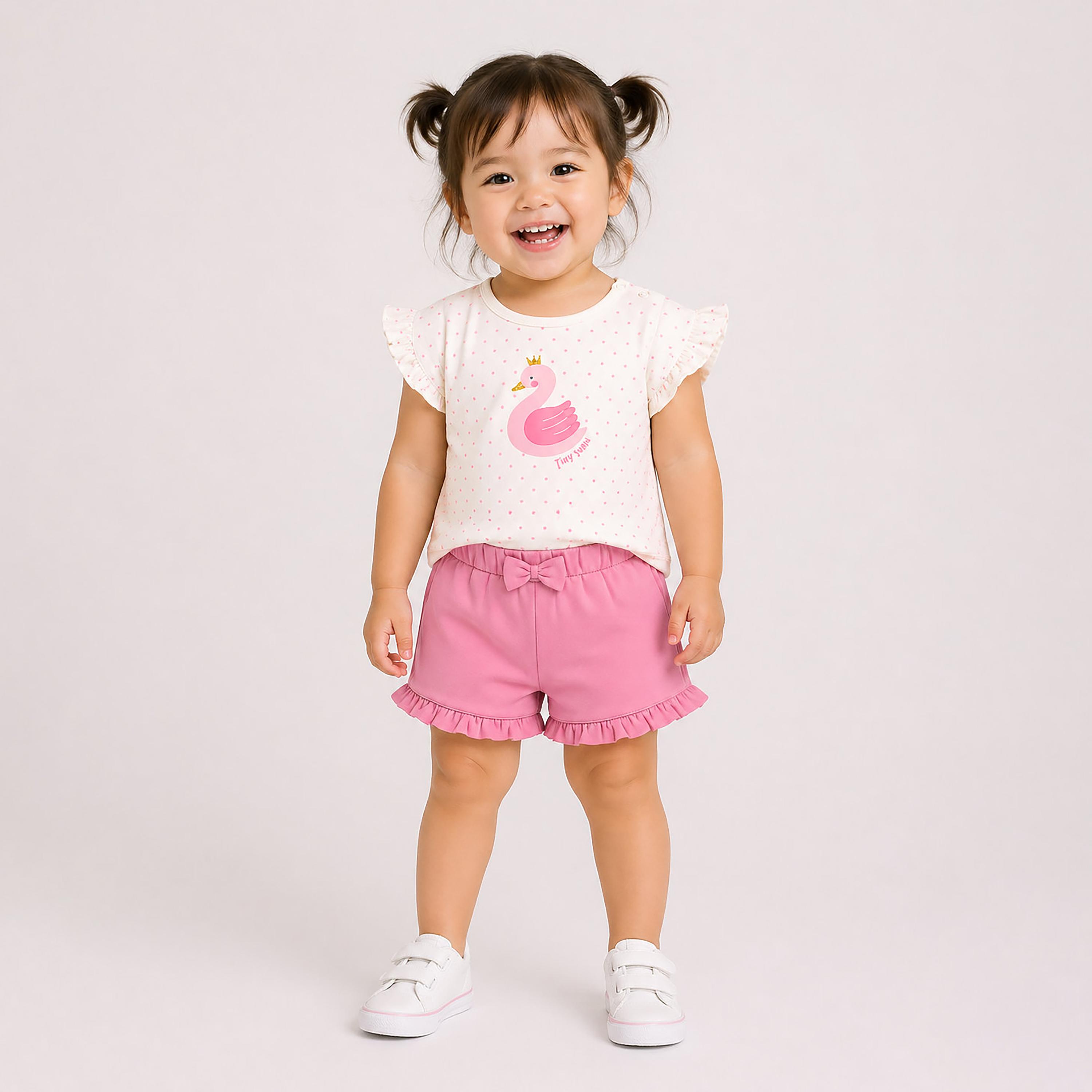 طقم توب بطبعة طيور البجع وبدون أكمام وشورت بكشكشة من فيكتور آند جين-baby-girls-clothing-setsandcoords-image-1