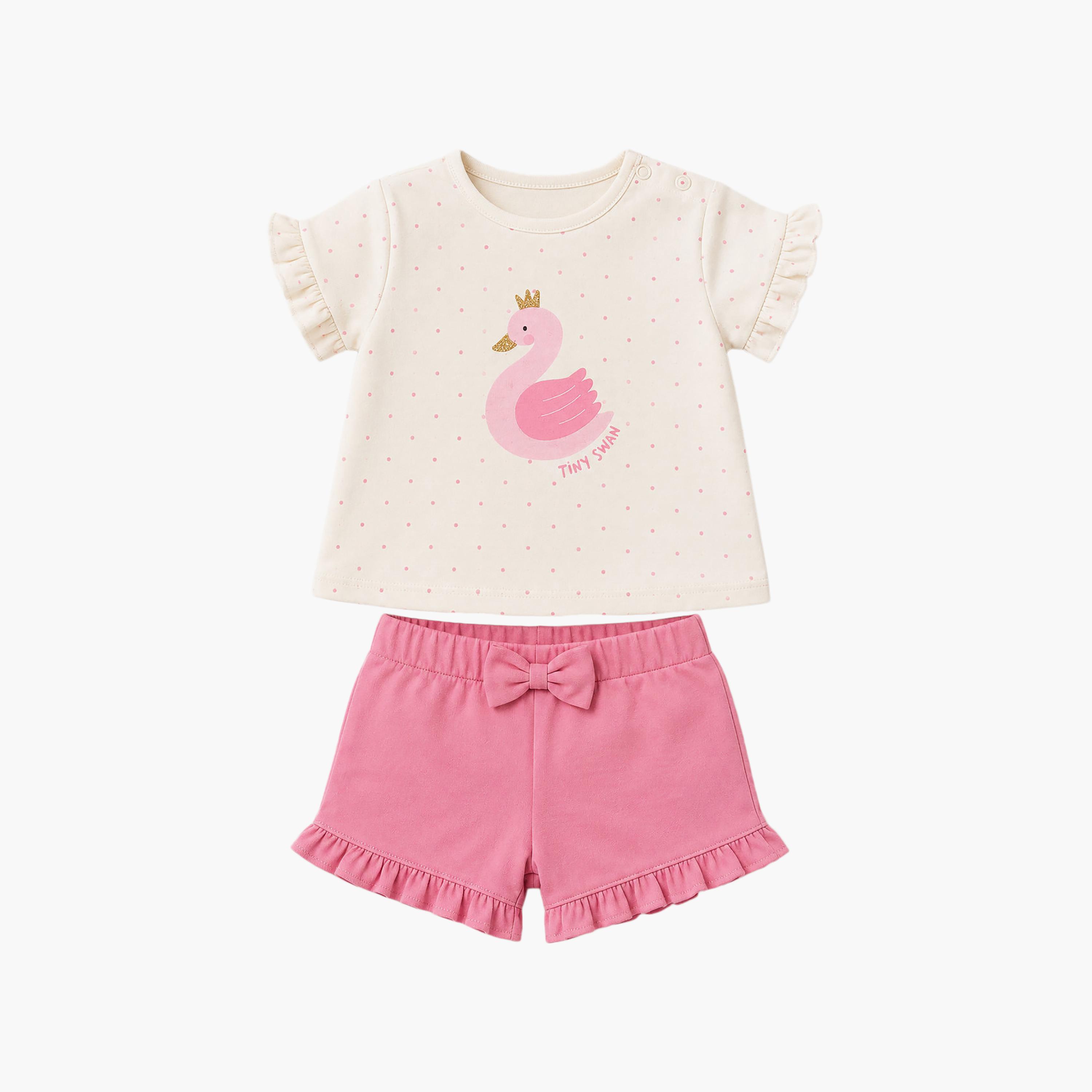 طقم توب بطبعة طيور البجع وبدون أكمام وشورت بكشكشة من فيكتور آند جين-baby-girls-clothing-setsandcoords-image-4