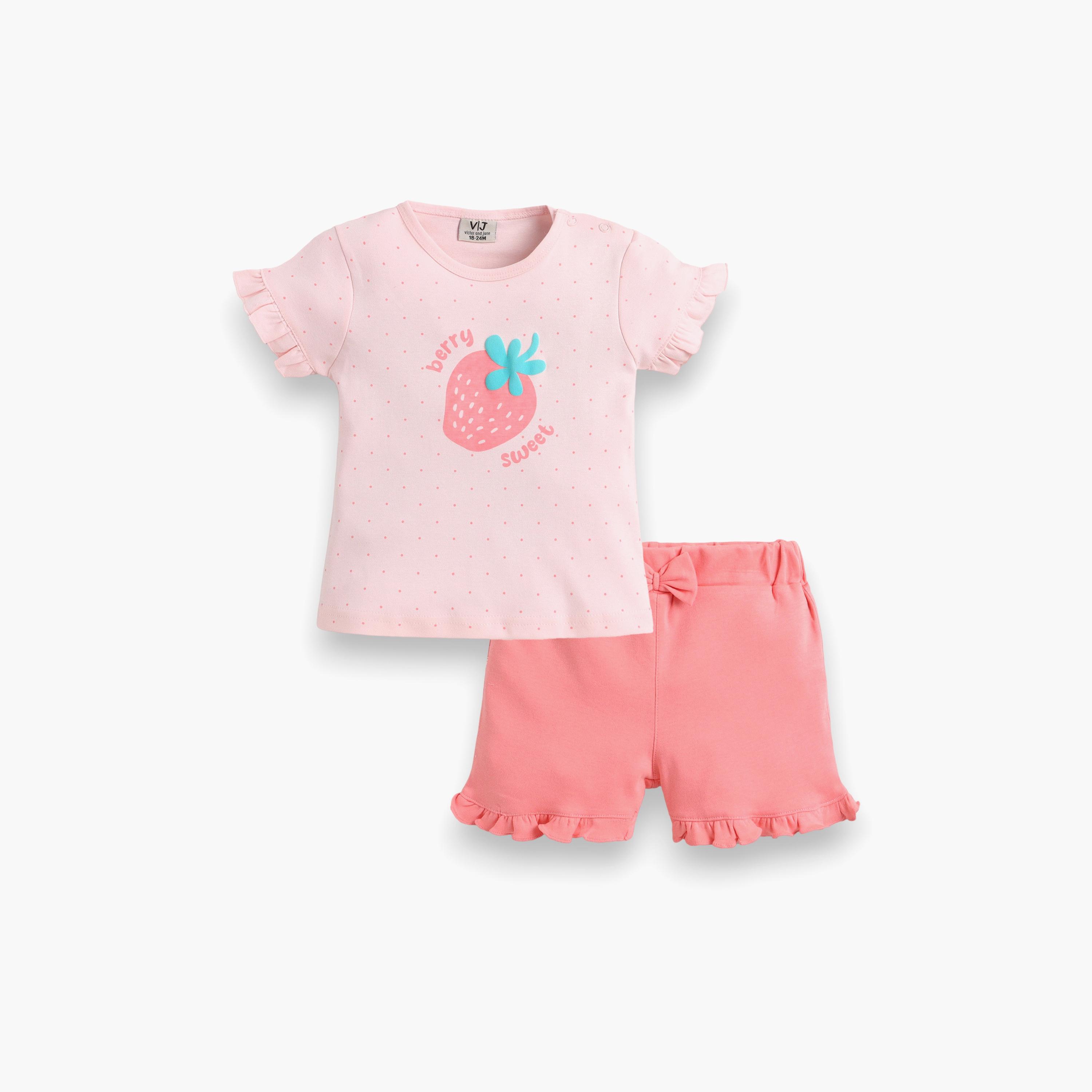 Victor and Jane Half Sleeves Strawberry Printed Top & Ruffle Shorts Set-baby-girls-clothing-setsandcoords-image-3