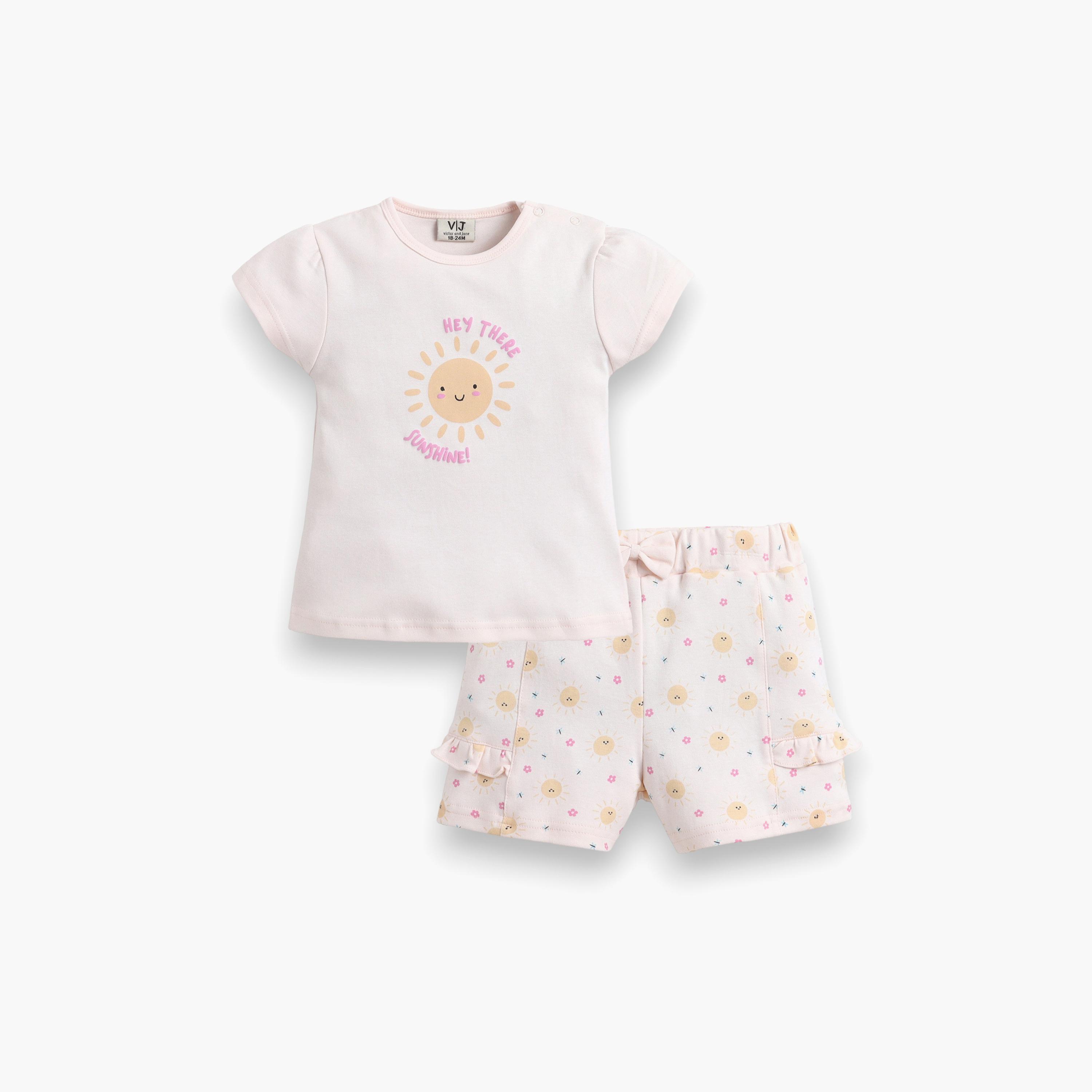 Victor and Jane Half Sleeves Sunshine Slogan Printed Top & Floral Ruffle Shorts Set-baby-girls-clothing-setsandcoords-image-3