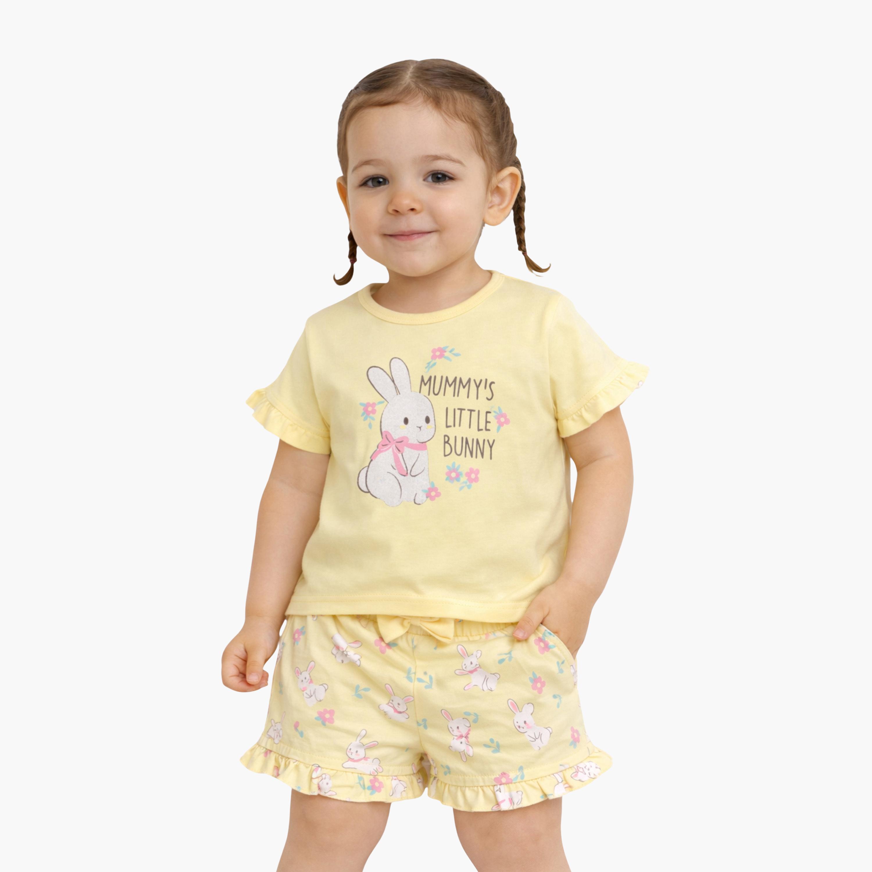 Victor and Jane Half Sleeves Bunny Graphic Printed Top & Floral Ruffle Shorts Set-baby-girls-clothing-setsandcoords-image-1