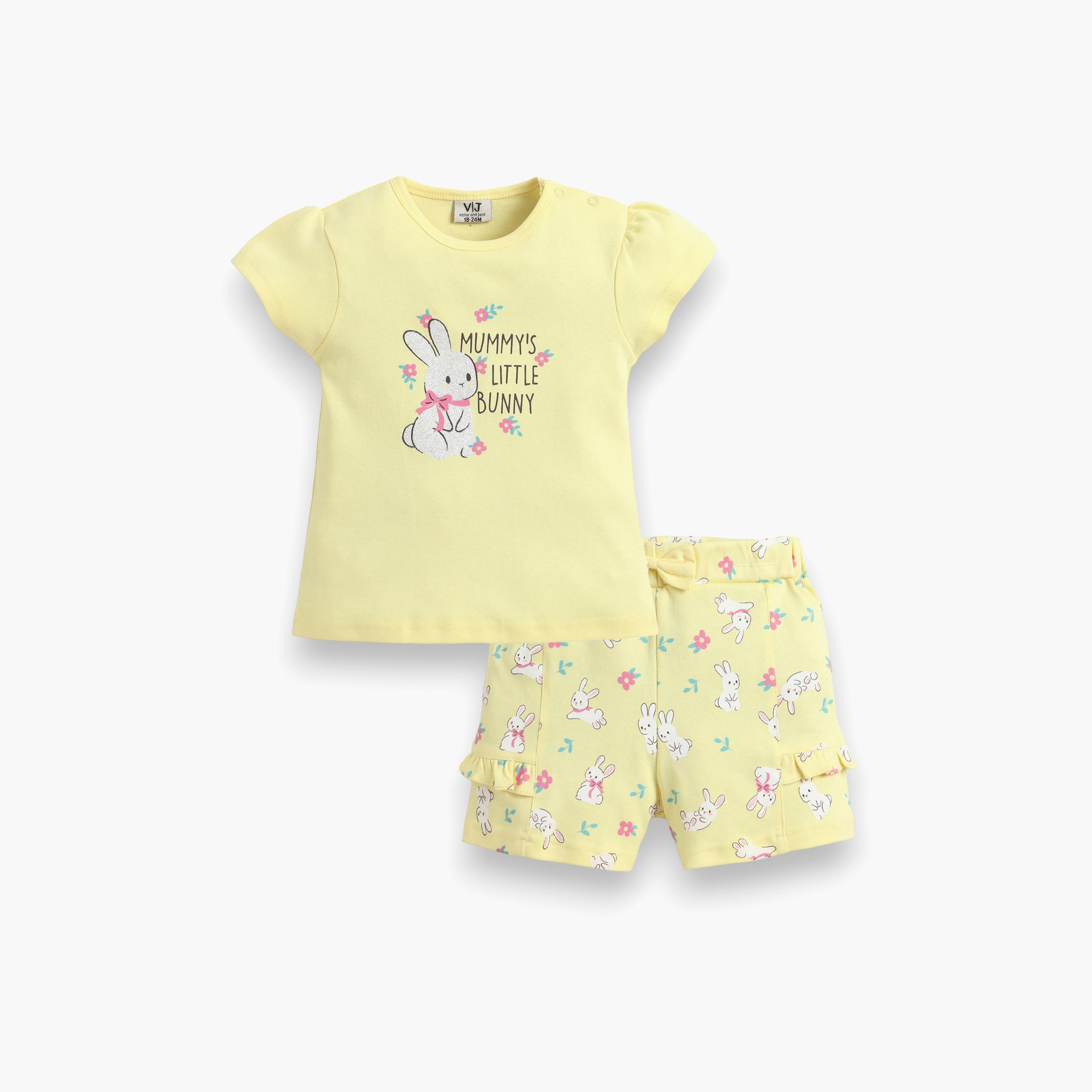 Victor and Jane Half Sleeves Bunny Graphic Printed Top & Floral Ruffle Shorts Set-baby-girls-clothing-setsandcoords-image-3