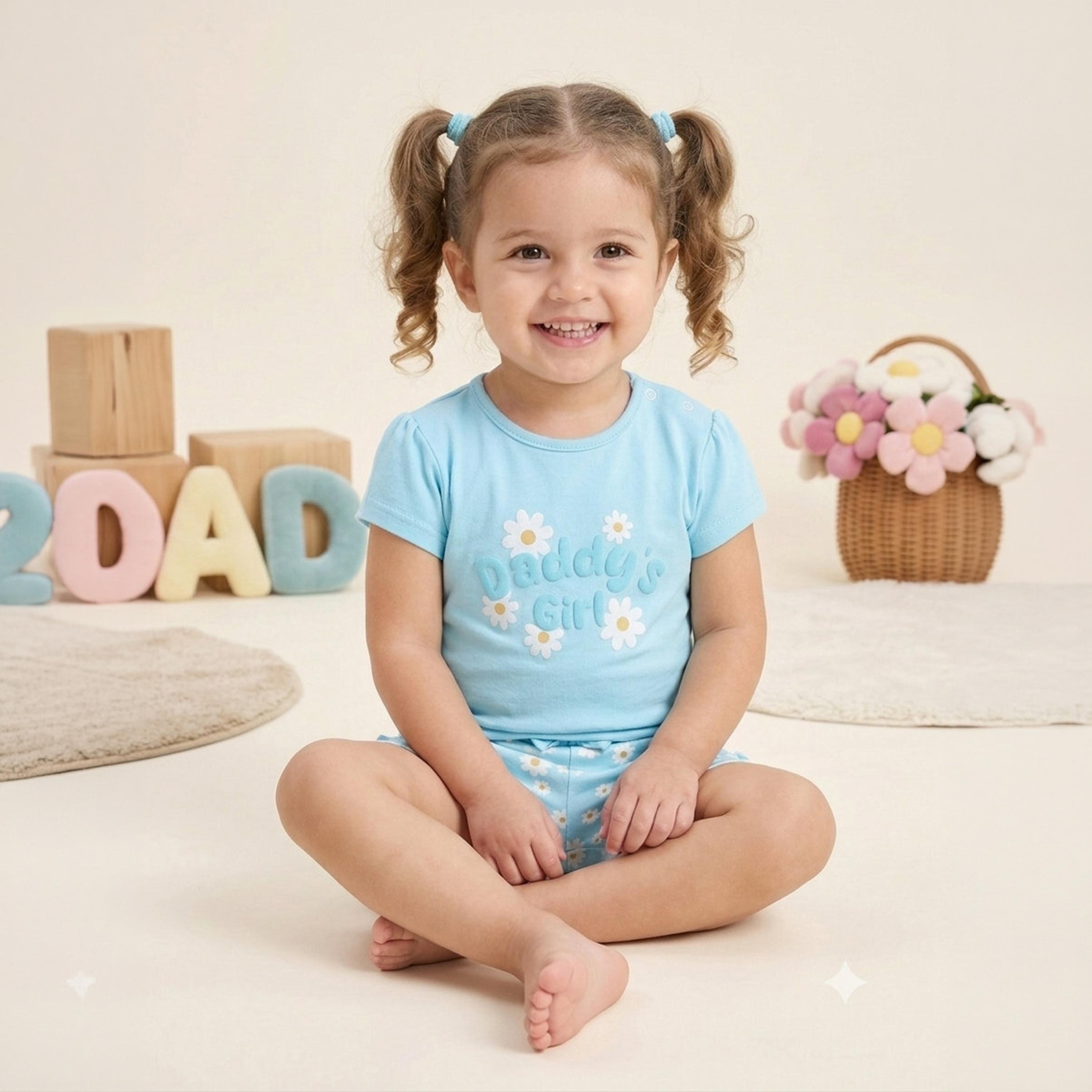 Victor and Jane Half Sleeves Daddy’s Girl Printed Top & Floral Ruffle Shorts Set-baby-girls-clothing-setsandcoords-image-2