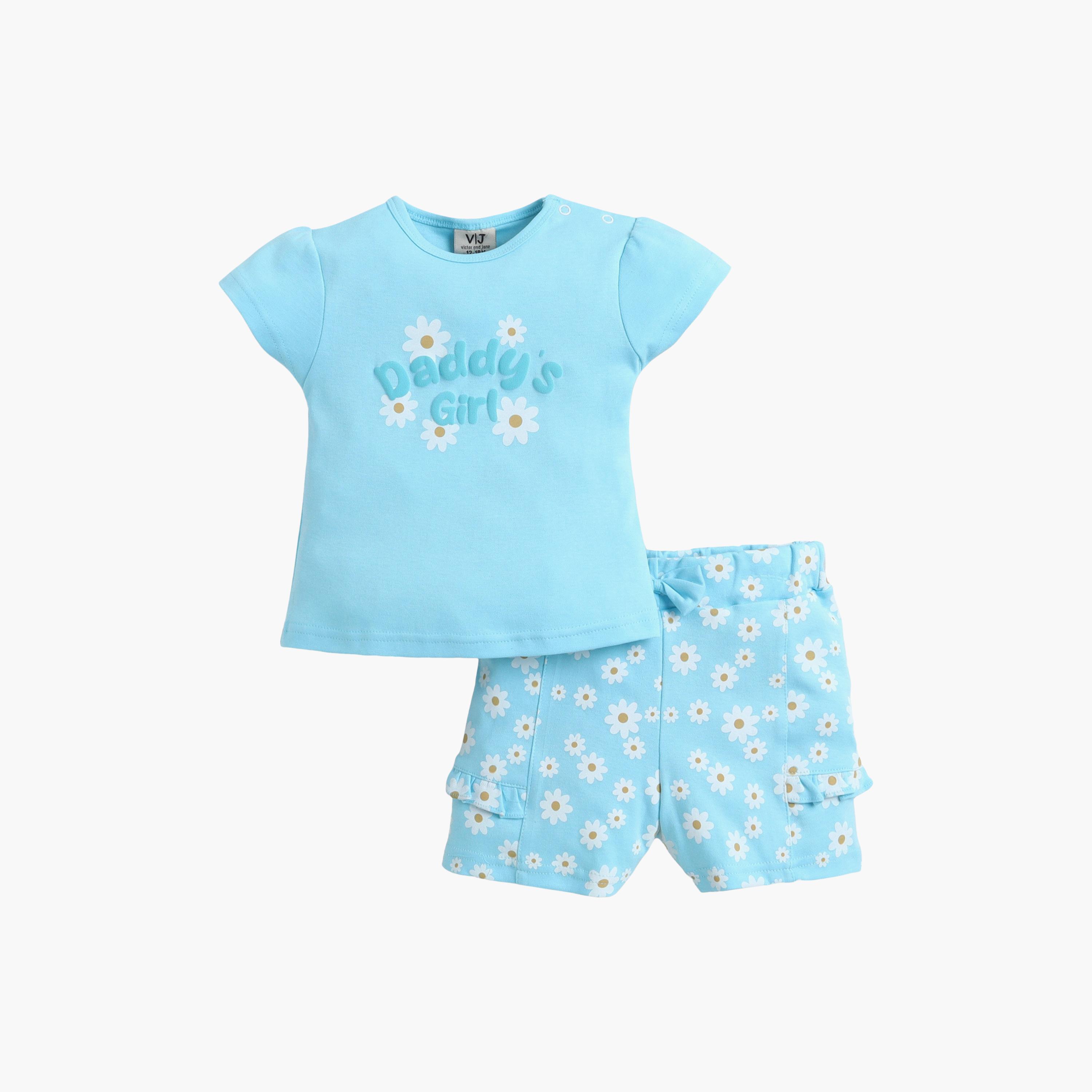 Victor and Jane Half Sleeves Daddy’s Girl Printed Top & Floral Ruffle Shorts Set-baby-girls-clothing-setsandcoords-image-3