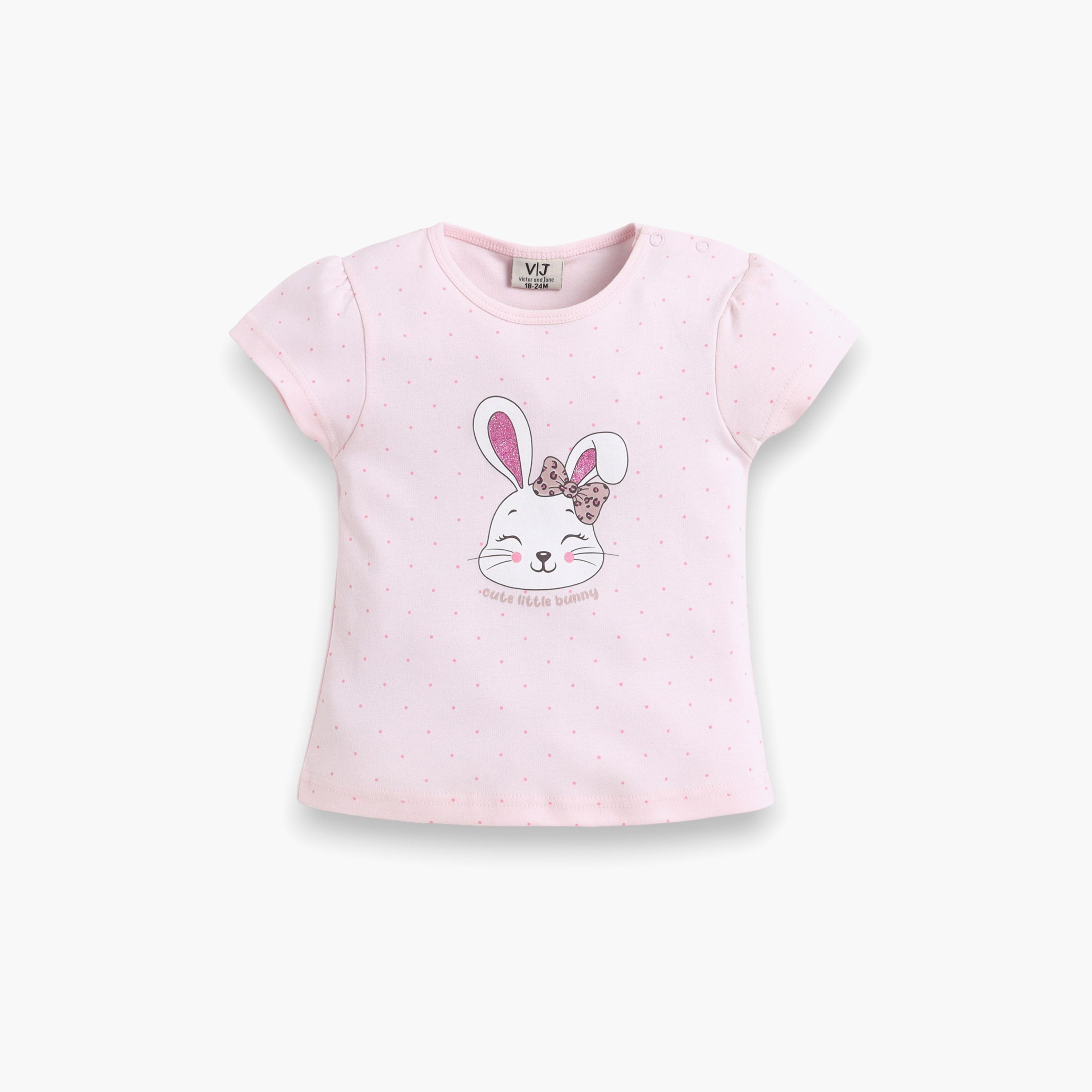 Victor and Jane Half Sleeves Bunny Face Printed Top & Bow Detail Shorts Set-baby-girls-clothing-setsandcoords-image-3