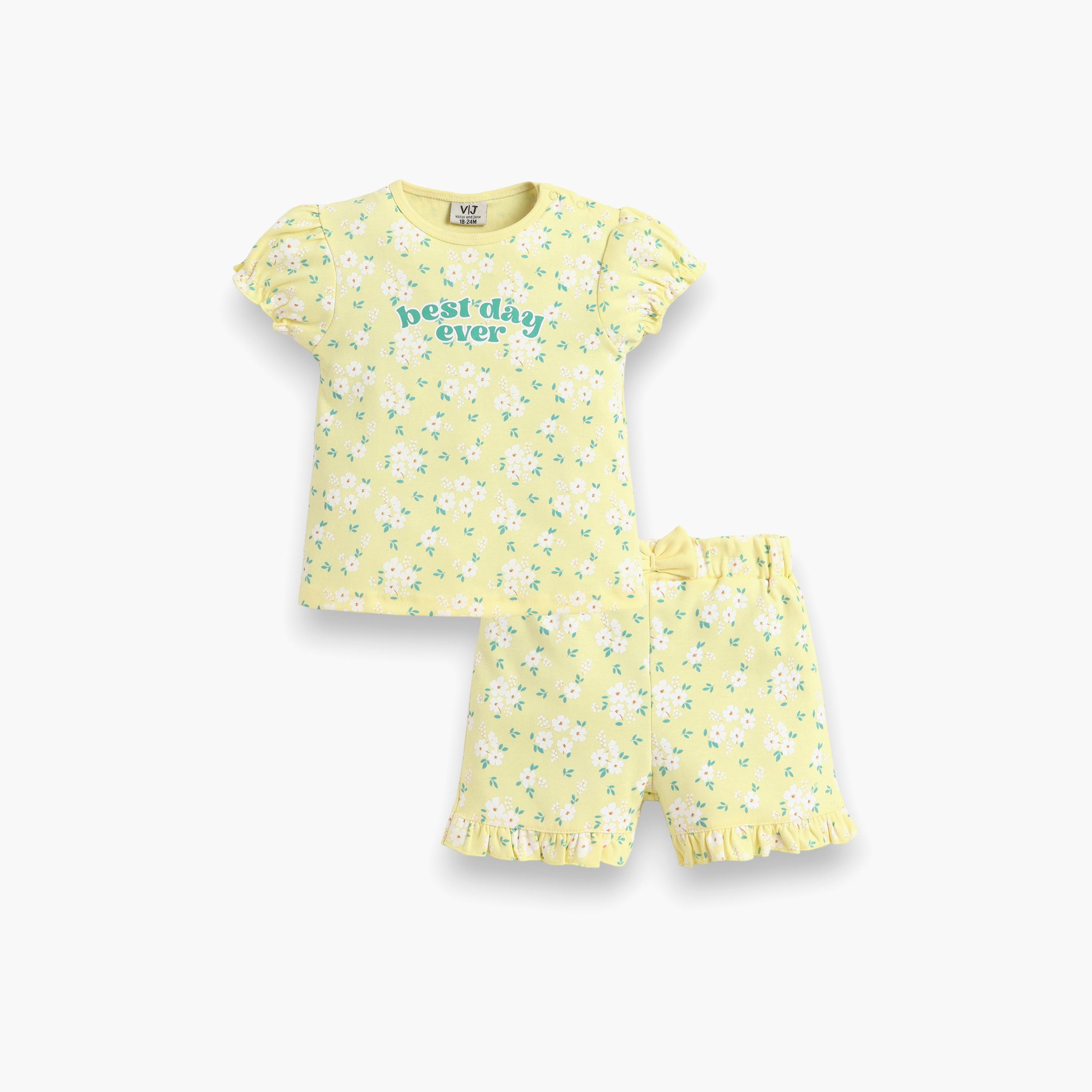 Victor and Jane Half Sleeves Best Day Ever Printed Puff Sleeve Top & Ruffle Shorts Set-baby-girls-clothing-setsandcoords-image-1