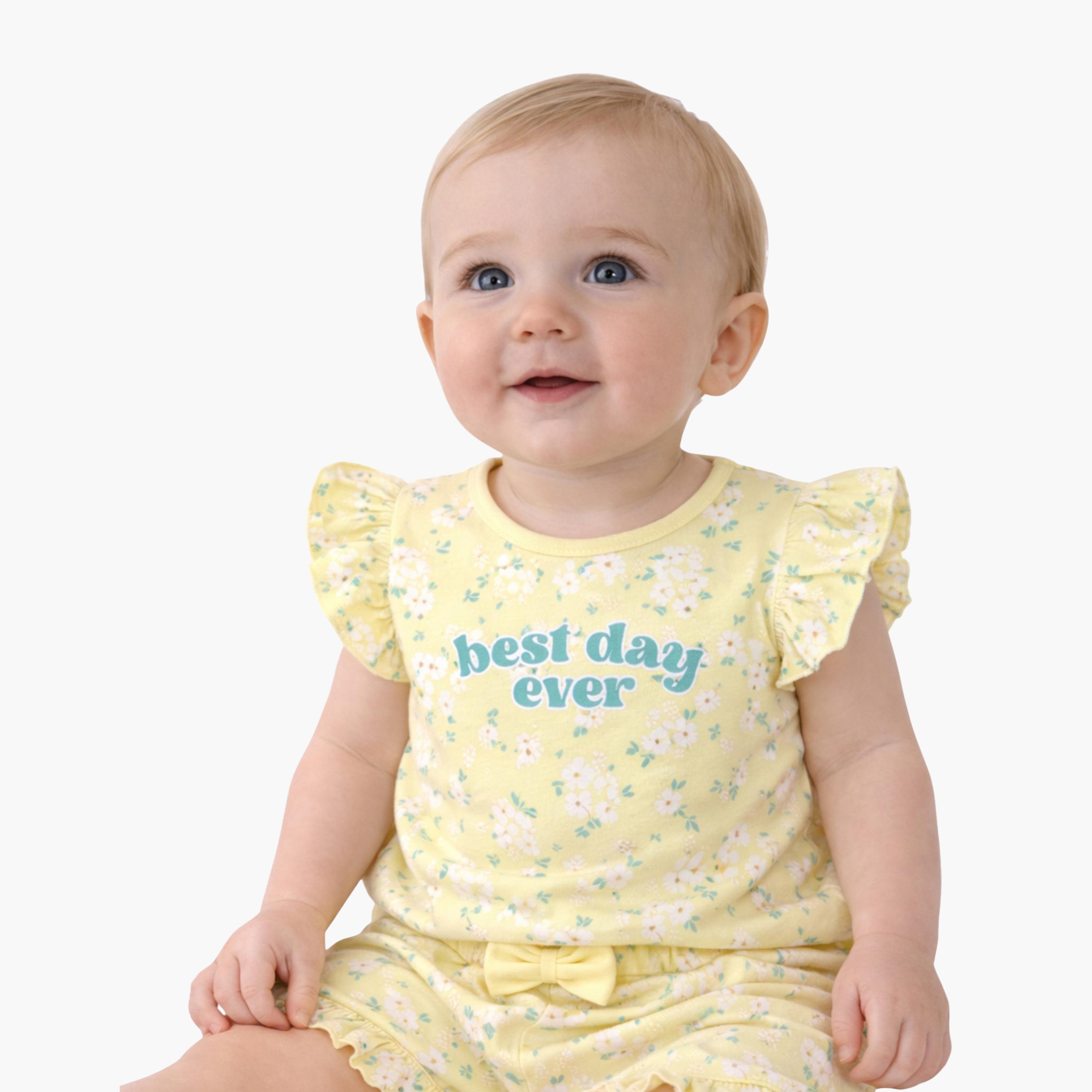 Victor and Jane Half Sleeves Best Day Ever Printed Puff Sleeve Top & Ruffle Shorts Set-baby-girls-clothing-setsandcoords-image-2