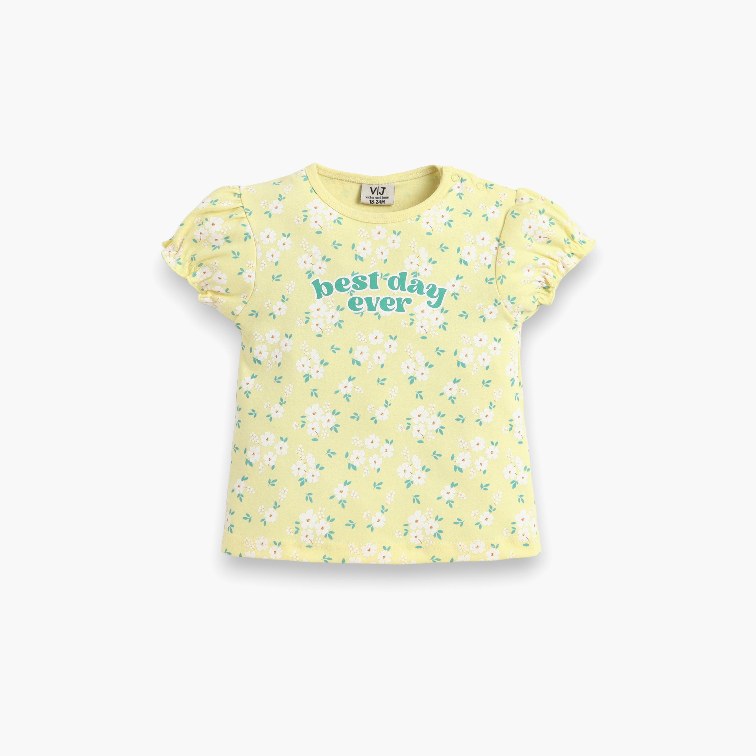 Victor and Jane Half Sleeves Best Day Ever Printed Puff Sleeve Top & Ruffle Shorts Set-baby-girls-clothing-setsandcoords-image-3