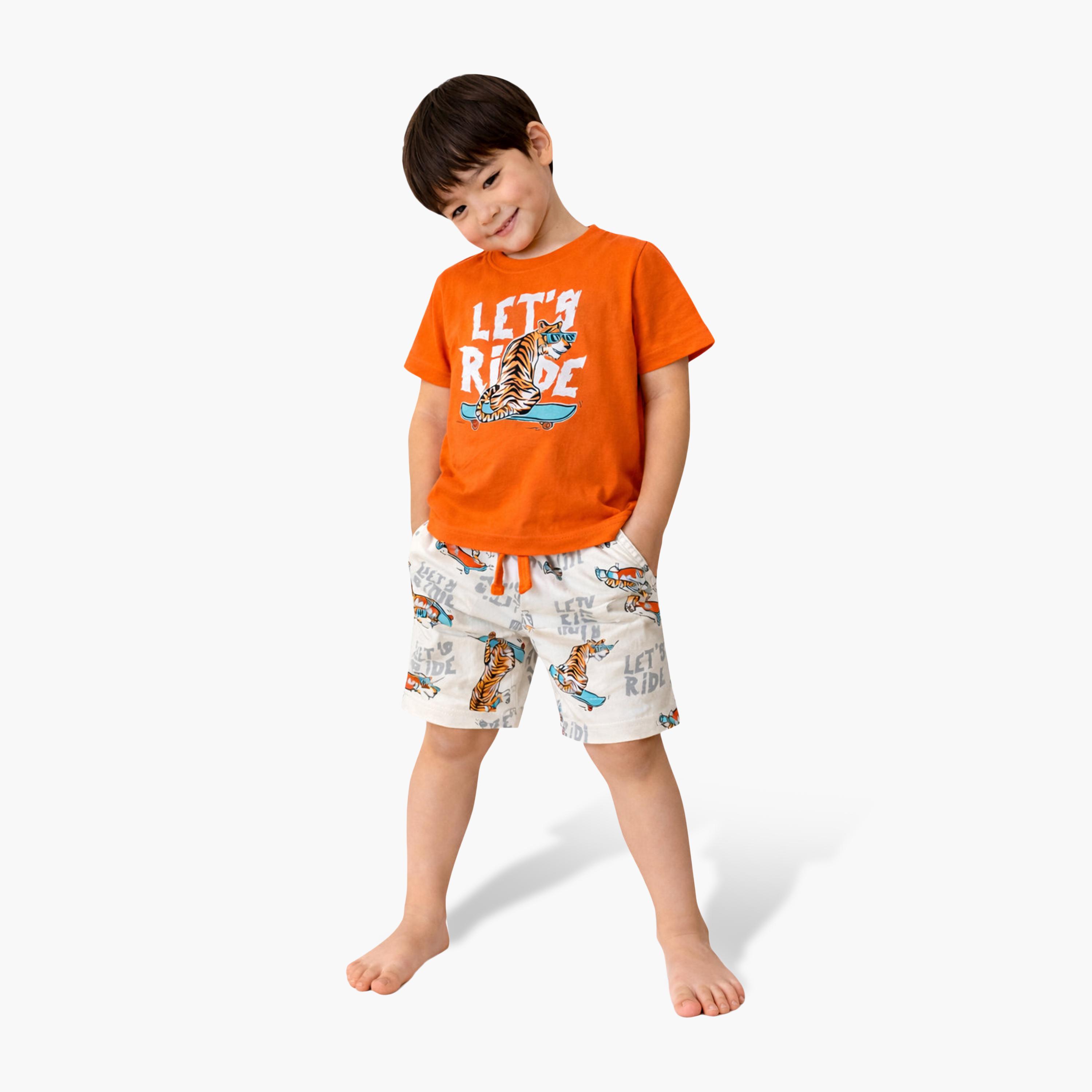 Victor and Jane Cotton Half Sleeves Tiger Printed T-Shirt & Shorts Set-boys-clothing-setsandcoords-image-1