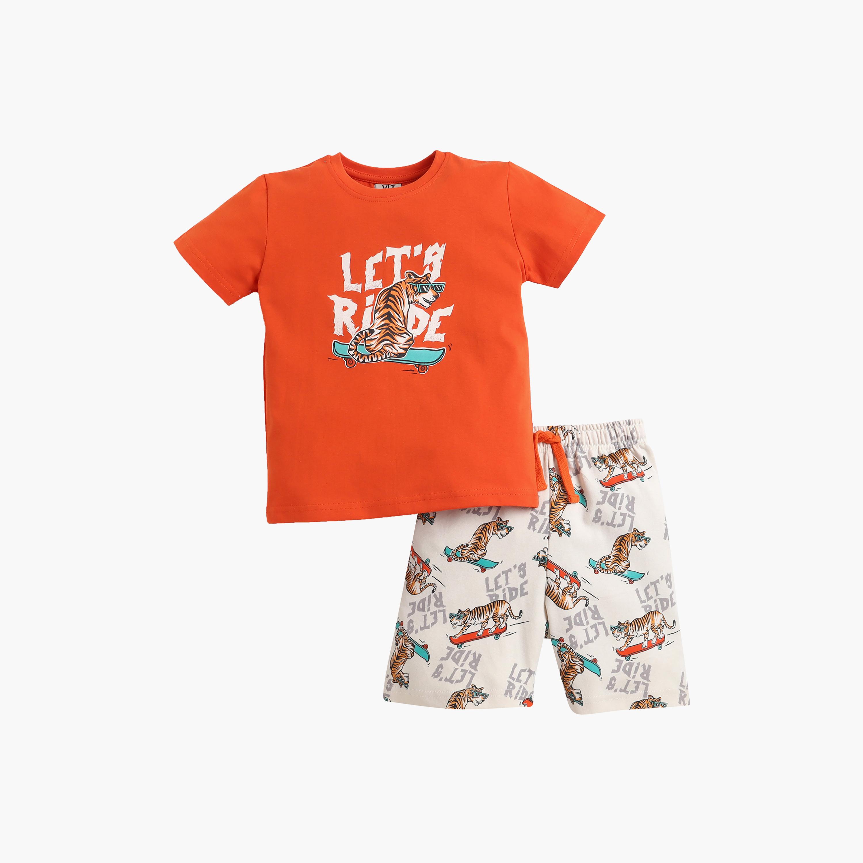 Victor and Jane Cotton Half Sleeves Tiger Printed T-Shirt & Shorts Set-boys-clothing-setsandcoords-image-3