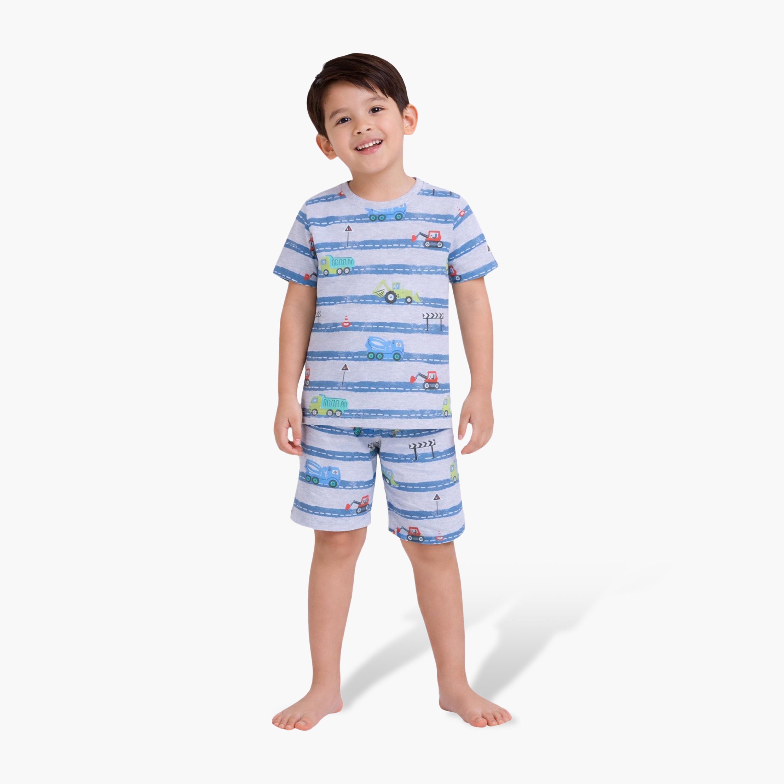 Victor and Jane Vehicle Stripe Printed Cotton T-Shirt & Shorts Set-boys-clothing-setsandcoords-image-1