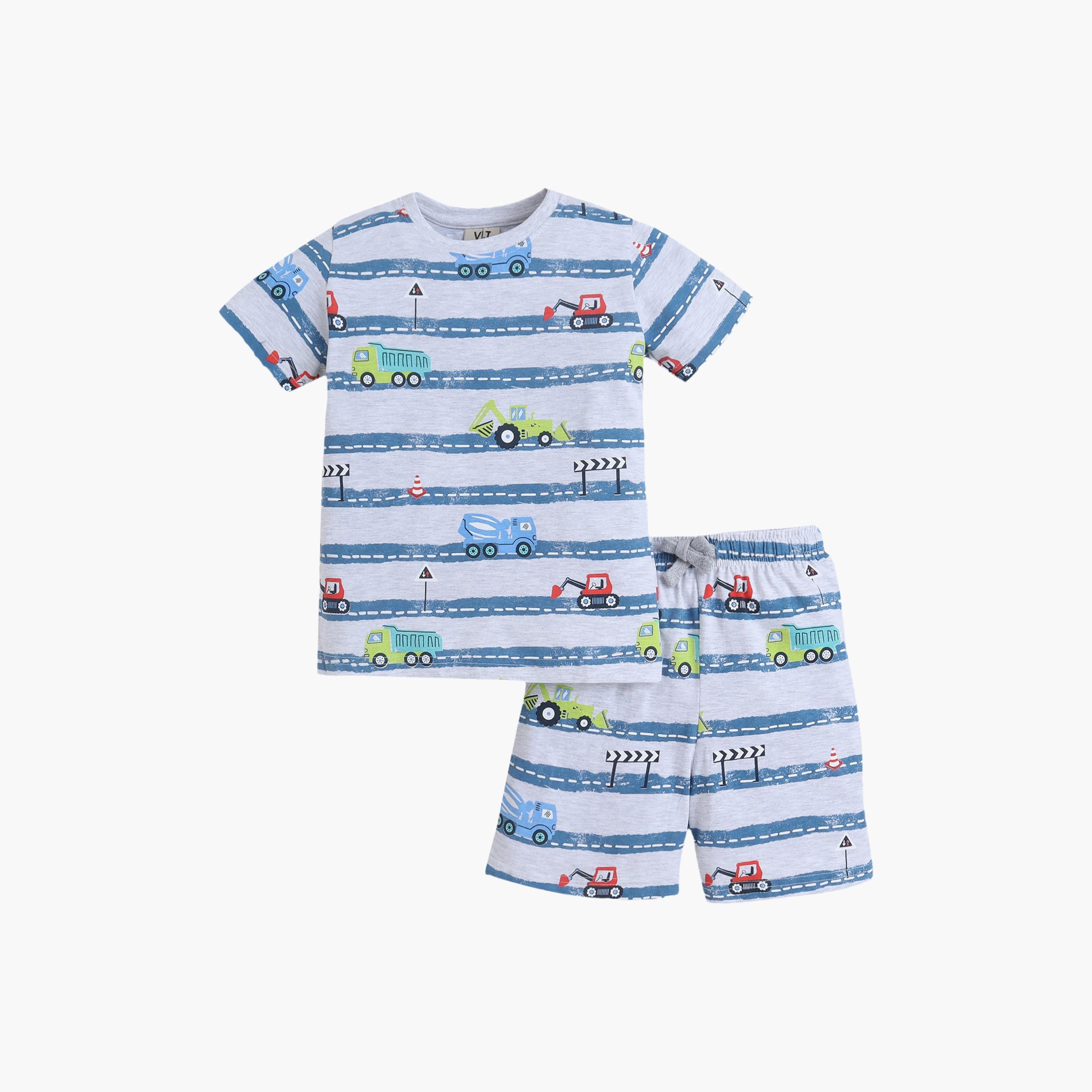 Victor and Jane Vehicle Stripe Printed Cotton T-Shirt & Shorts Set-boys-clothing-setsandcoords-image-2