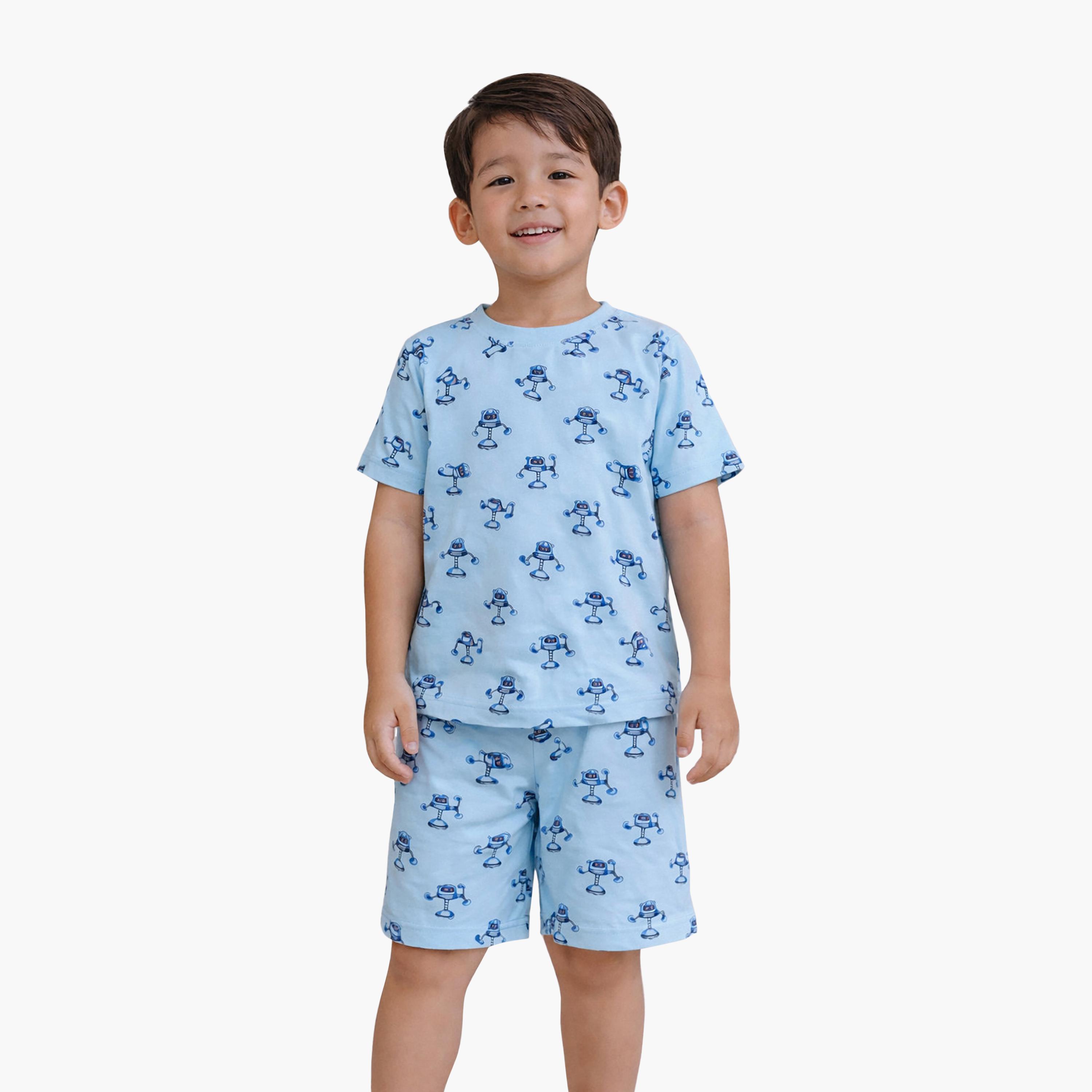 Victor and Jane Robot Printed Cotton T-Shirt & Shorts Set-baby-boys-clothing-setsandcoords-image-1