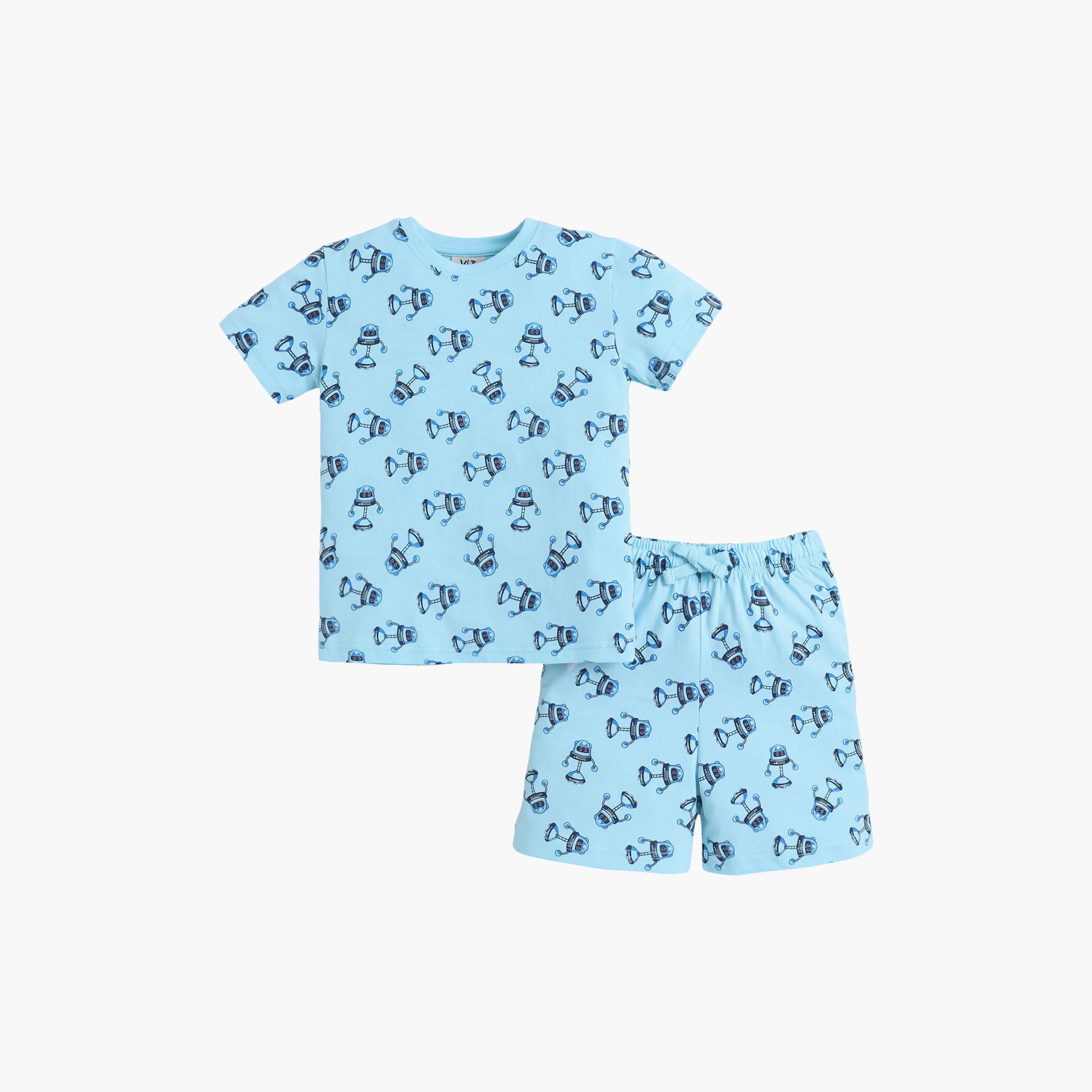 Victor and Jane Robot Printed Cotton T-Shirt & Shorts Set-baby-boys-clothing-setsandcoords-image-2