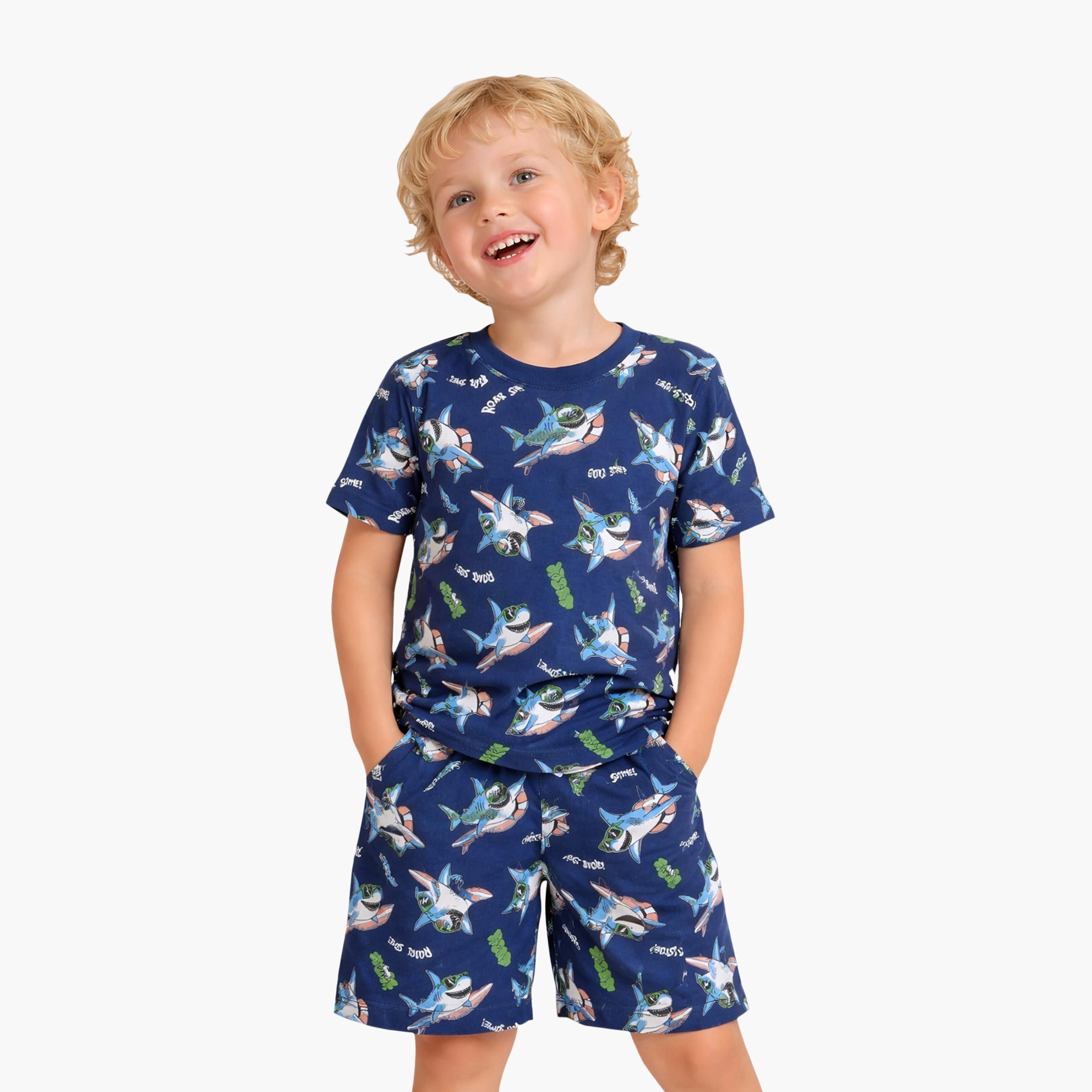 Victor and Jane Shark Printed Cotton T-Shirt & Shorts Set-boys-clothing-setsandcoords-image-1