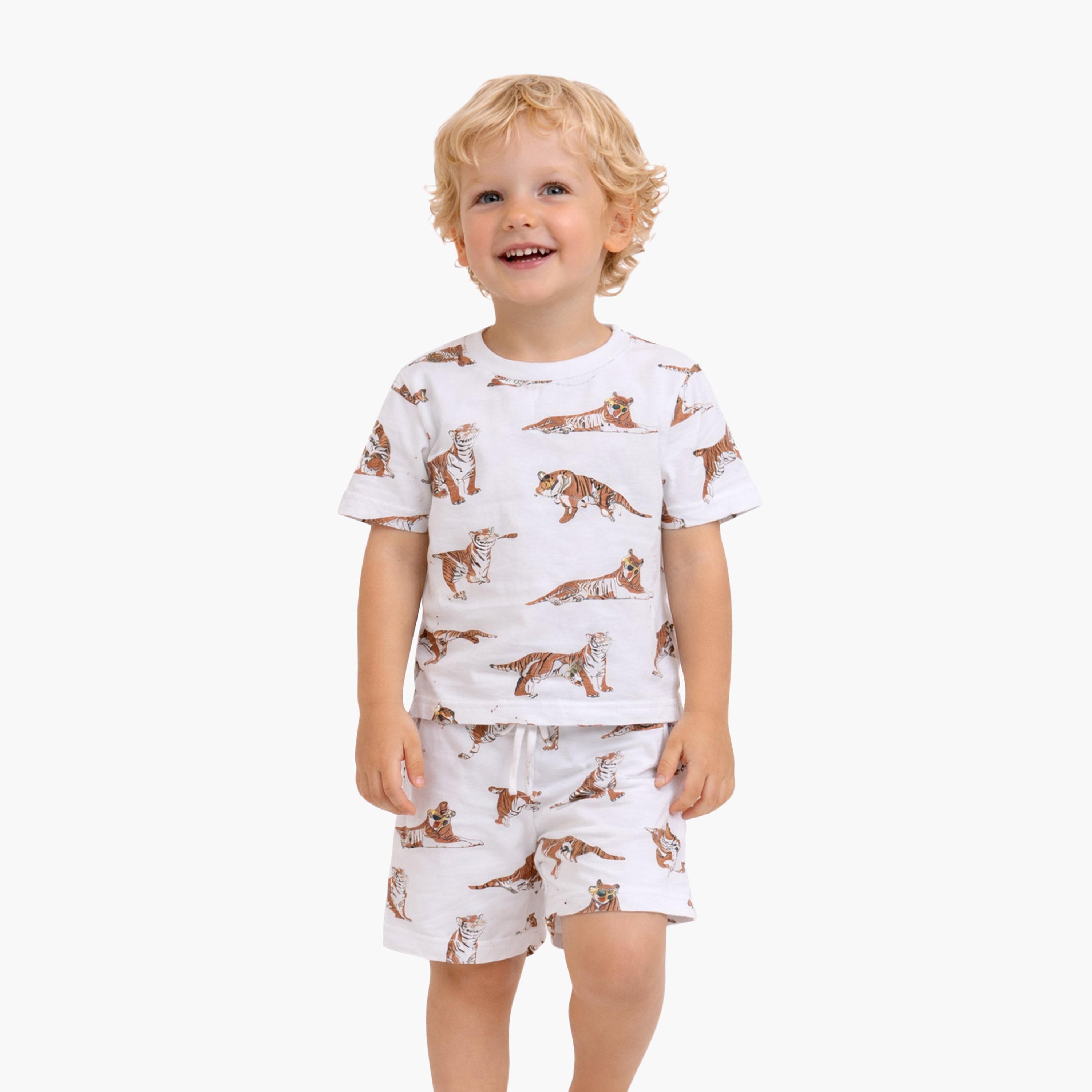 Victor and Jane Tiger Printed Cotton T-Shirt & Shorts Set-baby-boys-clothing-setsandcoords-image-1