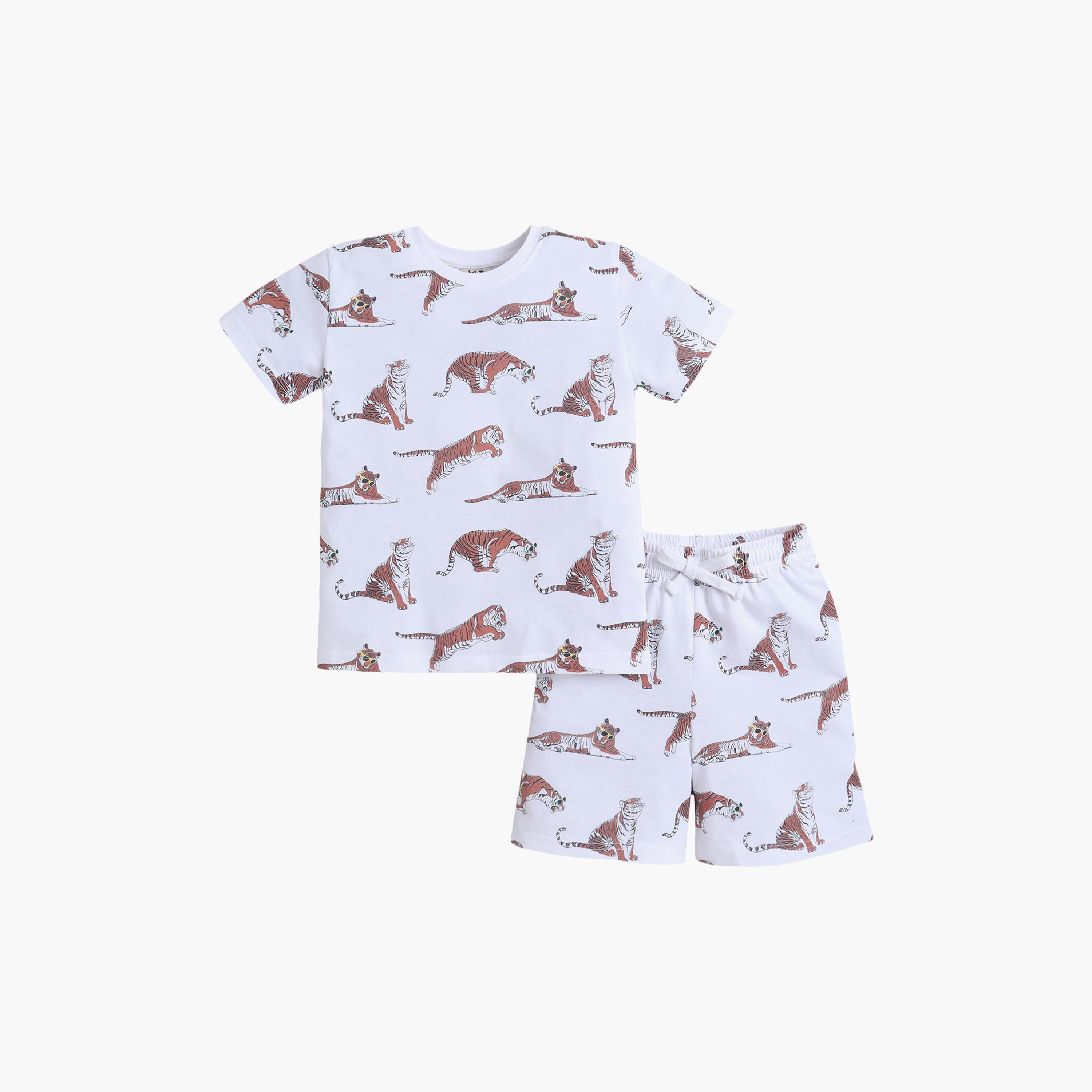 Victor and Jane Tiger Printed Cotton T-Shirt & Shorts Set-baby-boys-clothing-setsandcoords-image-2