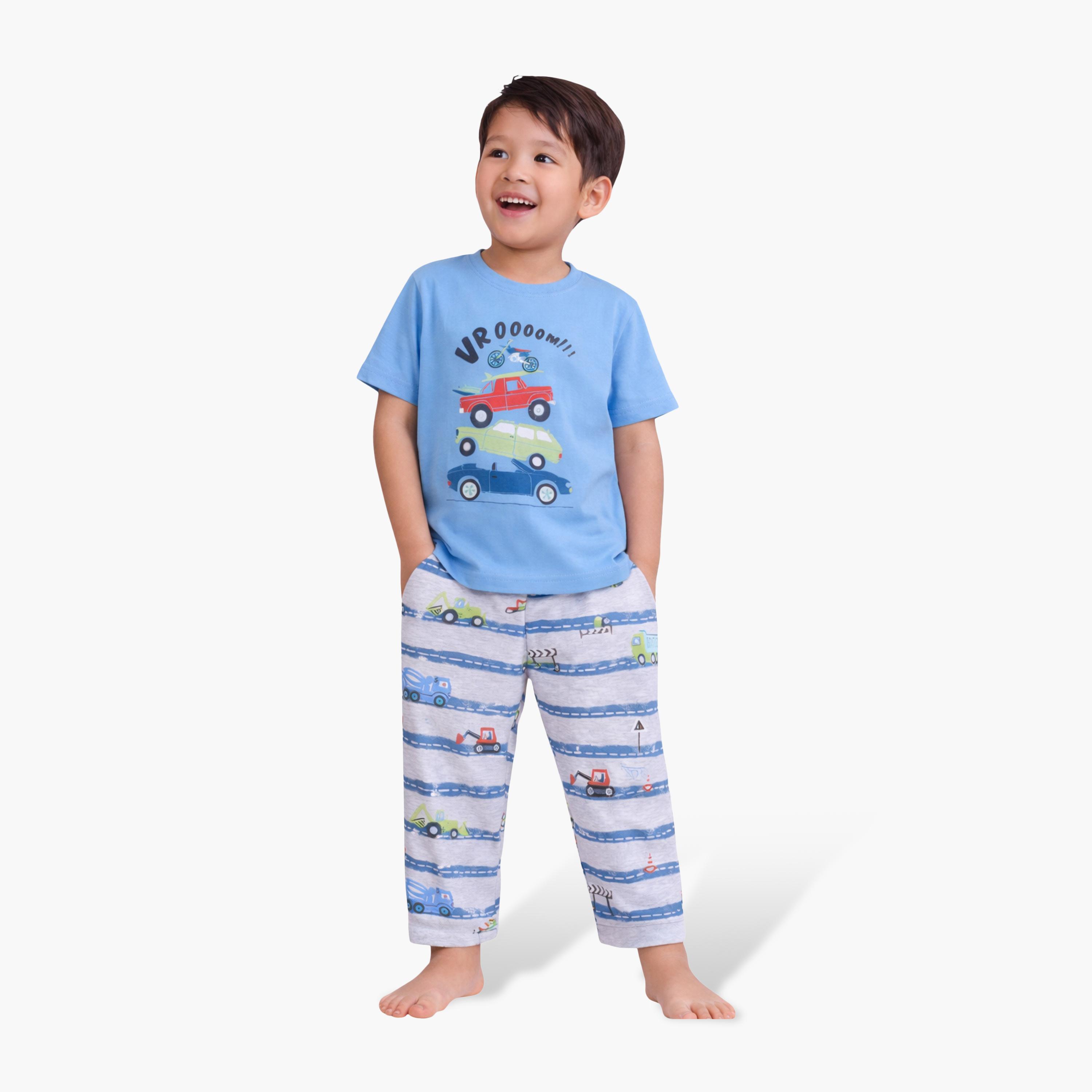 Victor and Jane Car Printed Cotton T-Shirt & Pajama Set-boys-clothing-setsandcoords-image-1