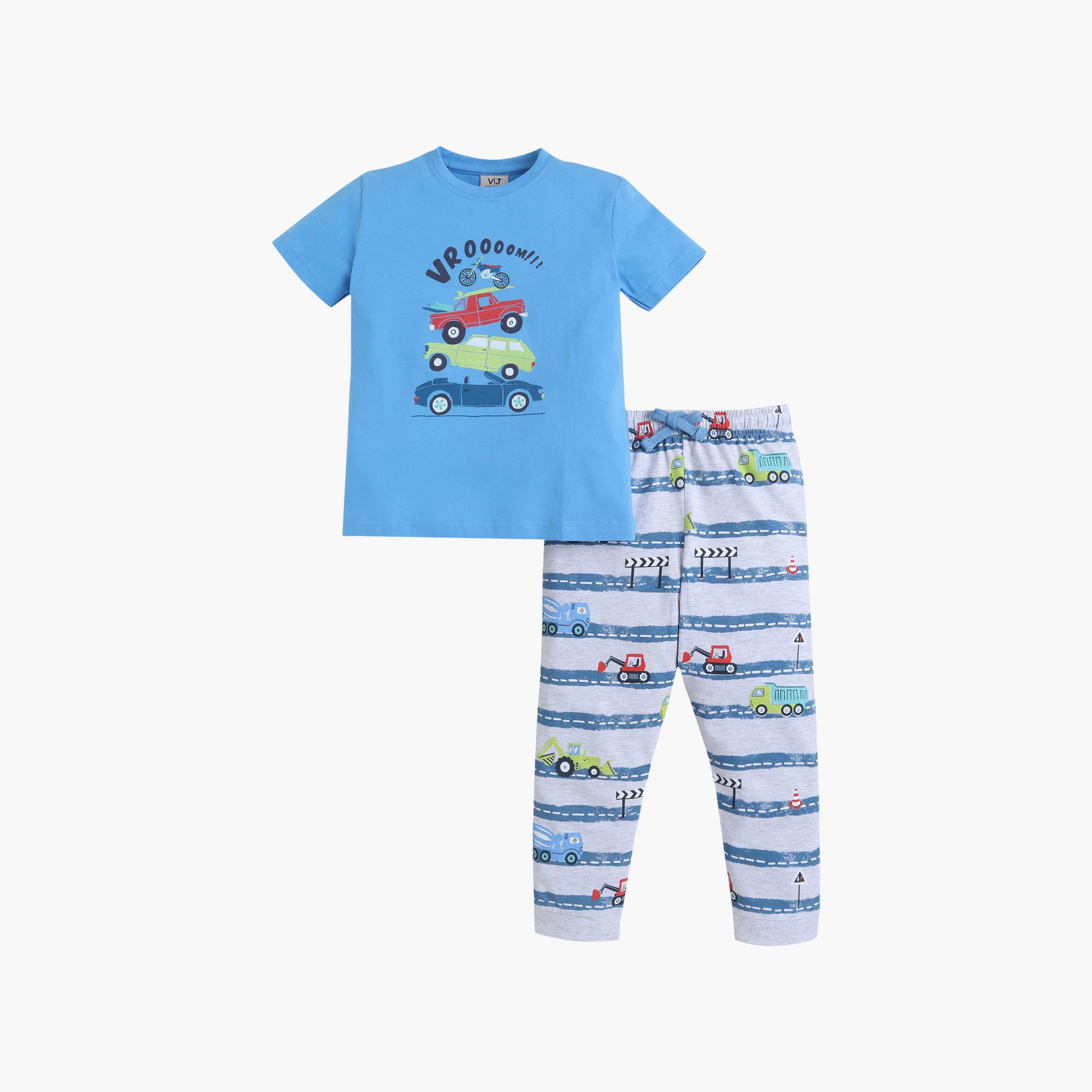 Victor and Jane Car Printed Cotton T-Shirt & Pajama Set-boys-clothing-setsandcoords-image-2