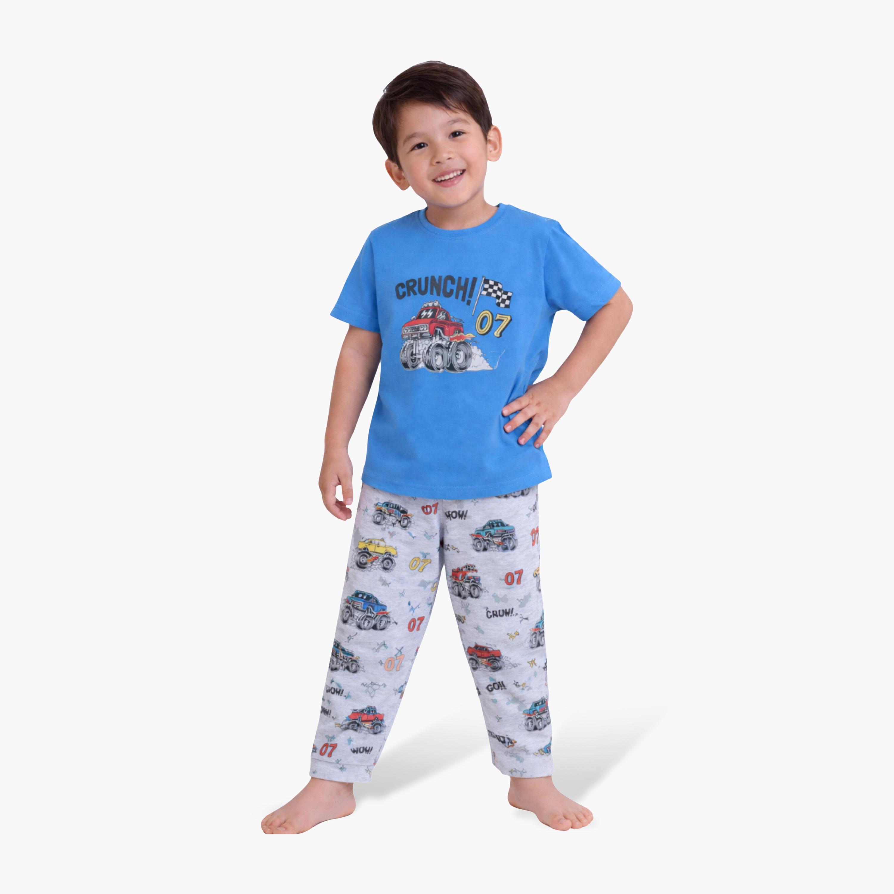 Victor and Jane Monster Truck Printed Cotton T-Shirt & Pajama Set-boys-clothing-setsandcoords-image-1