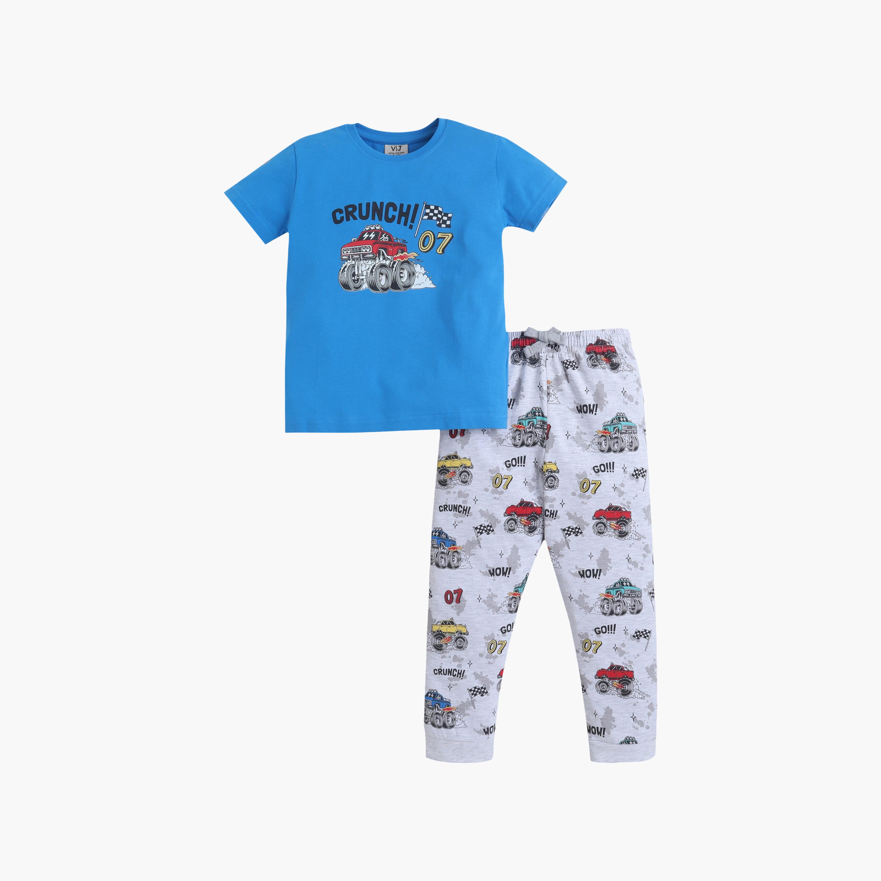 Victor and Jane Monster Truck Printed Cotton T-Shirt & Pajama Set-boys-clothing-setsandcoords-image-2
