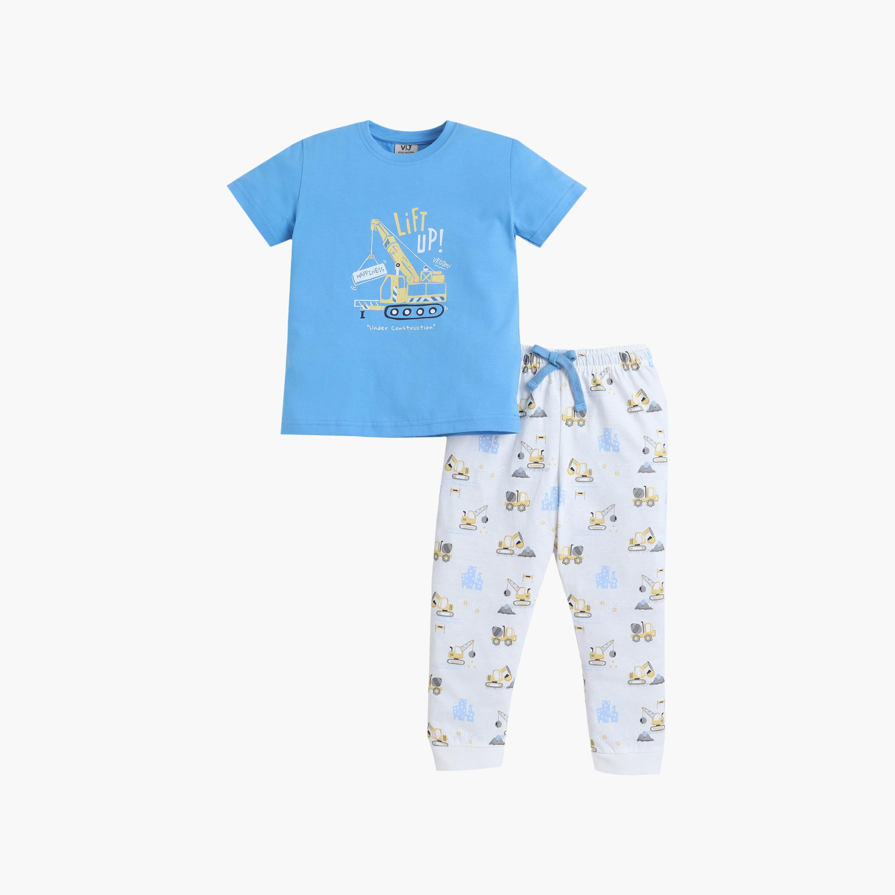 Victor and Jane Construction Printed Cotton T-Shirt & Pajama Set-boys-clothing-setsandcoords-image-1