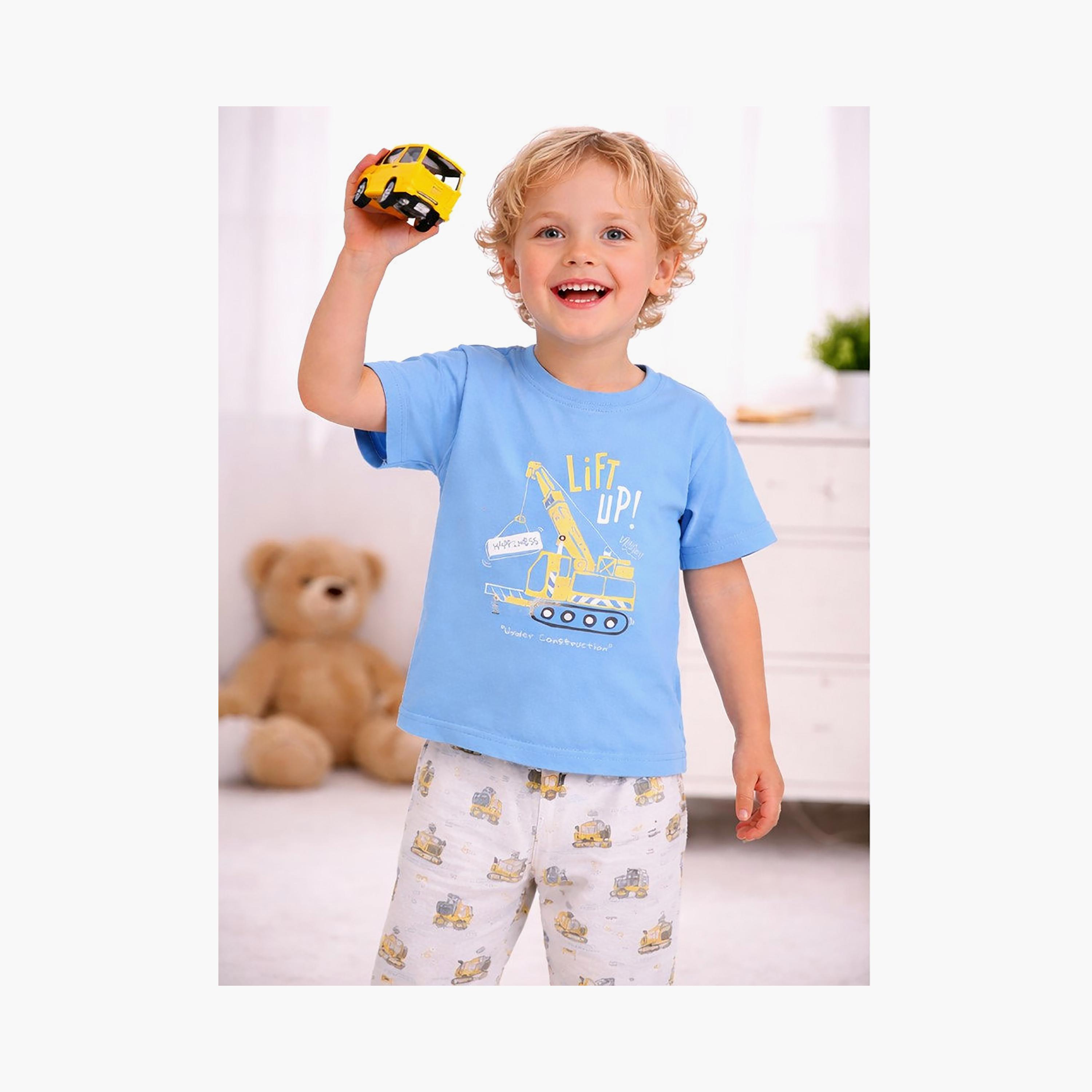 Victor and Jane Construction Printed Cotton T-Shirt & Pajama Set-boys-clothing-setsandcoords-image-4