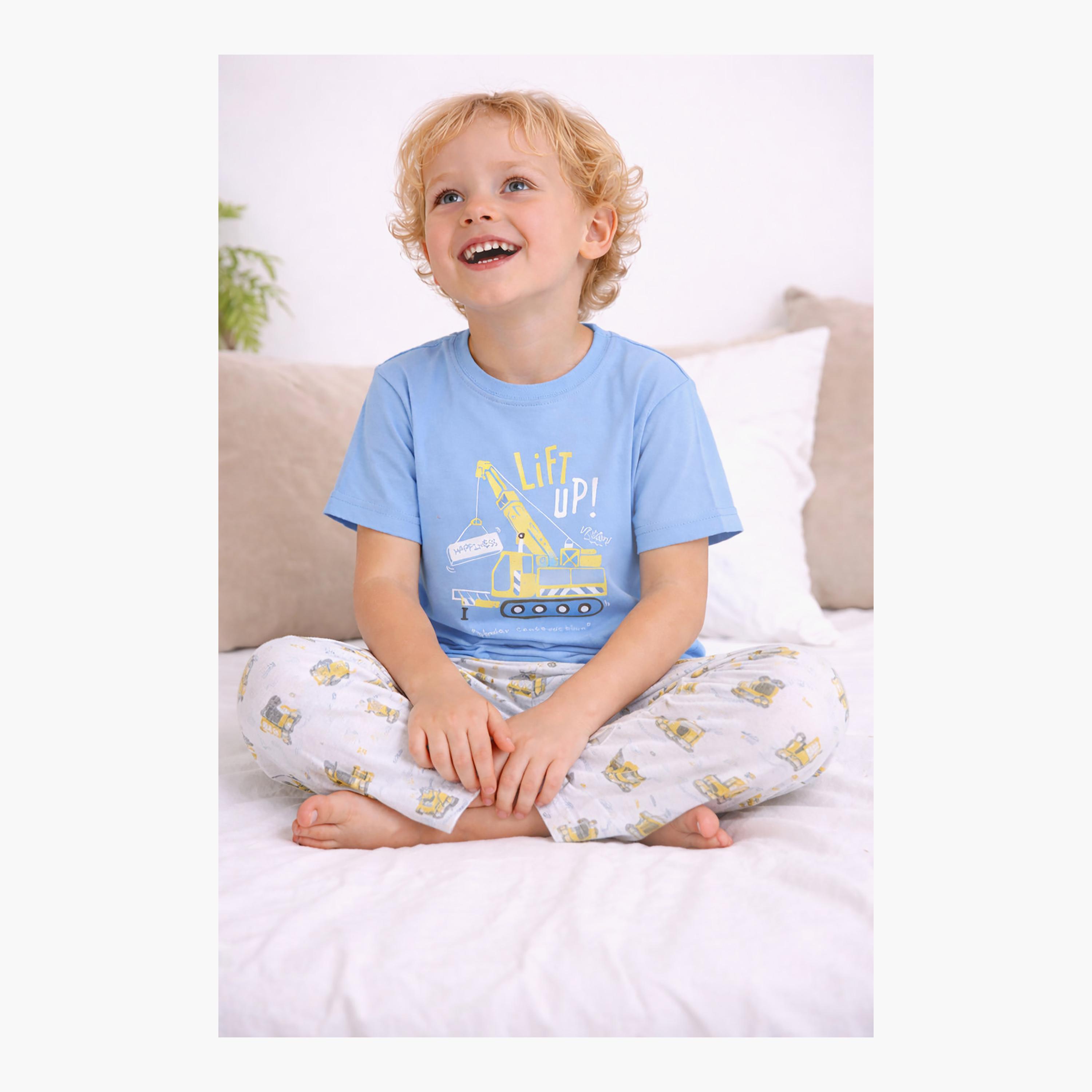 Victor and Jane Construction Printed Cotton T-Shirt & Pajama Set-boys-clothing-setsandcoords-image-5
