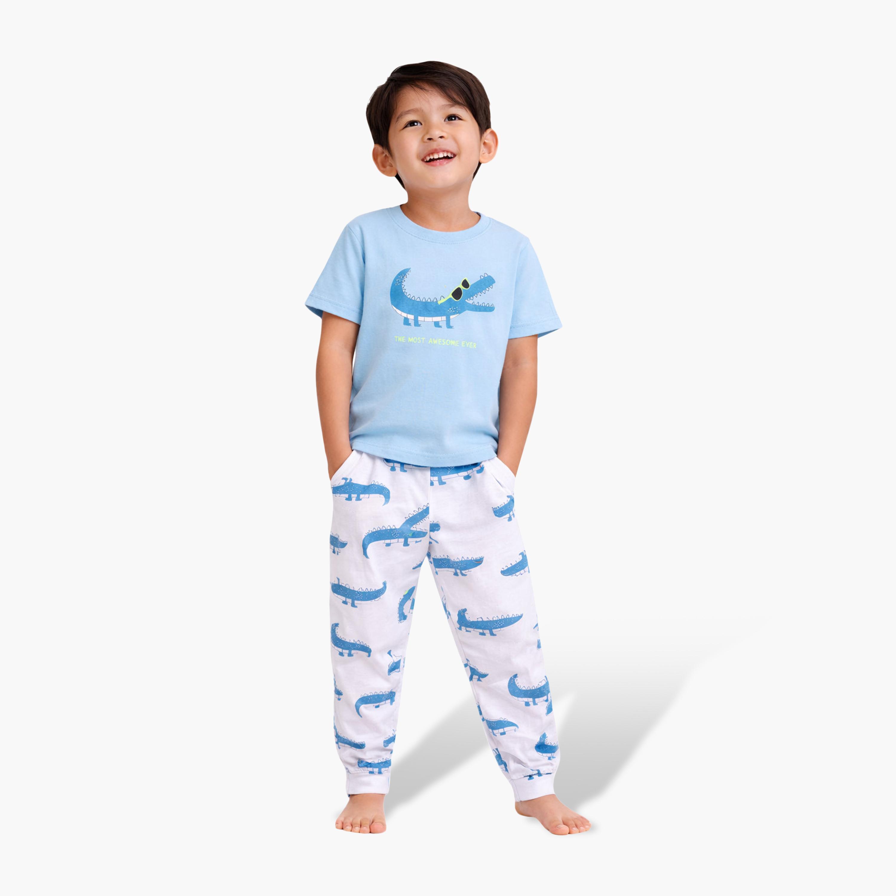 Victor and Jane Crocodile Printed Cotton T-Shirt & Pajama Set-boys-clothing-nightwear-image-1