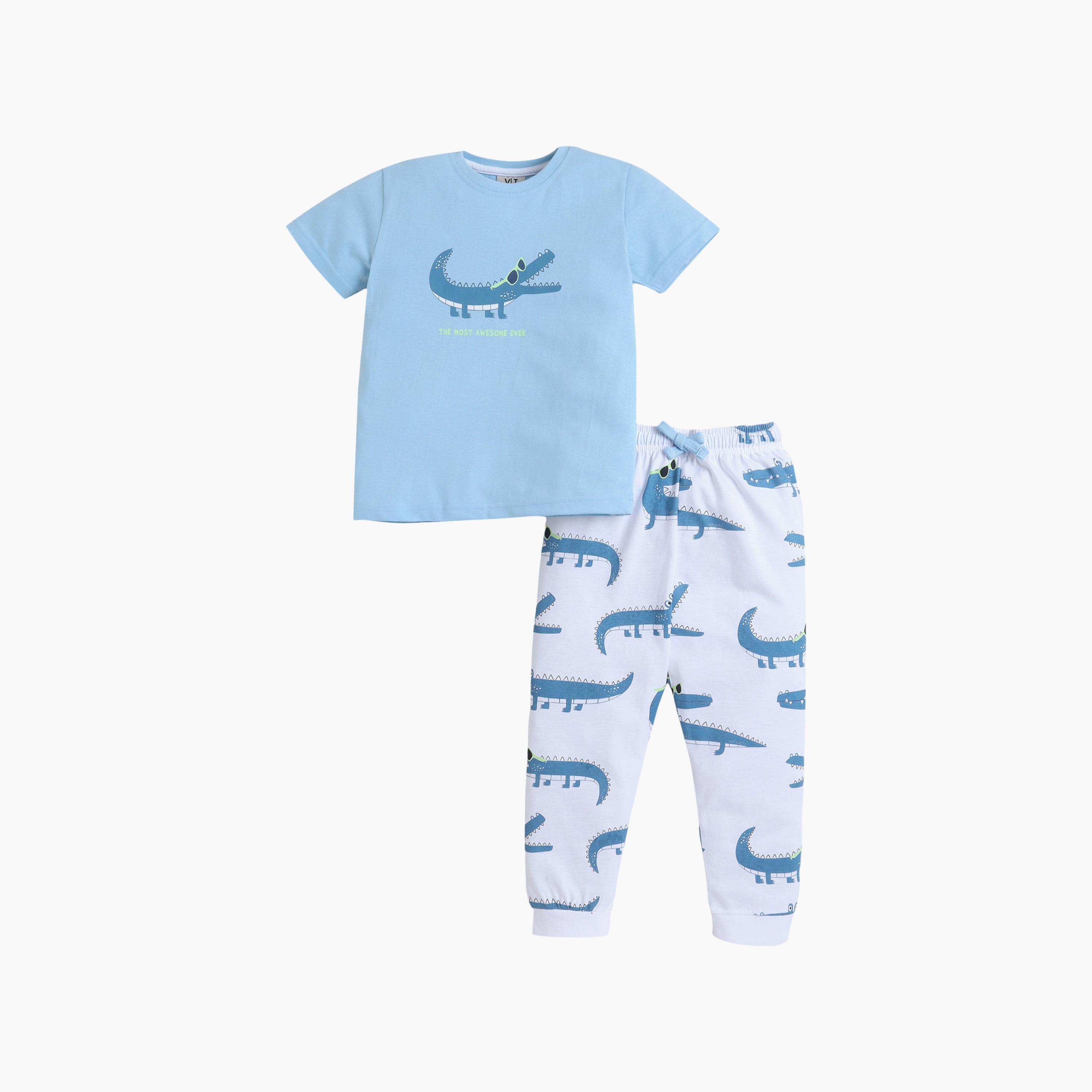 Victor and Jane Crocodile Printed Cotton T-Shirt & Pajama Set-boys-clothing-nightwear-image-2