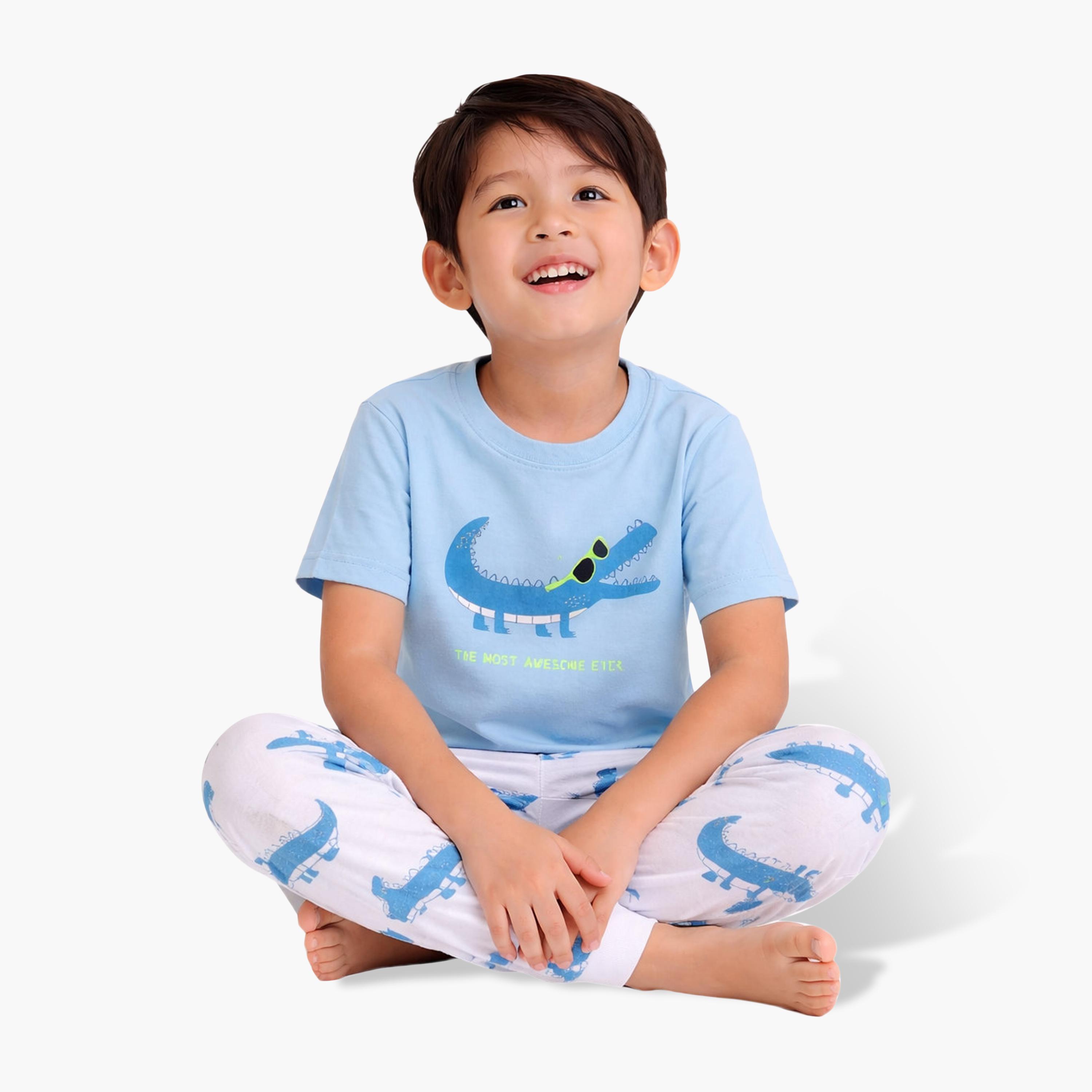 Victor and Jane Crocodile Printed Cotton T-Shirt & Pajama Set-boys-clothing-nightwear-image-5