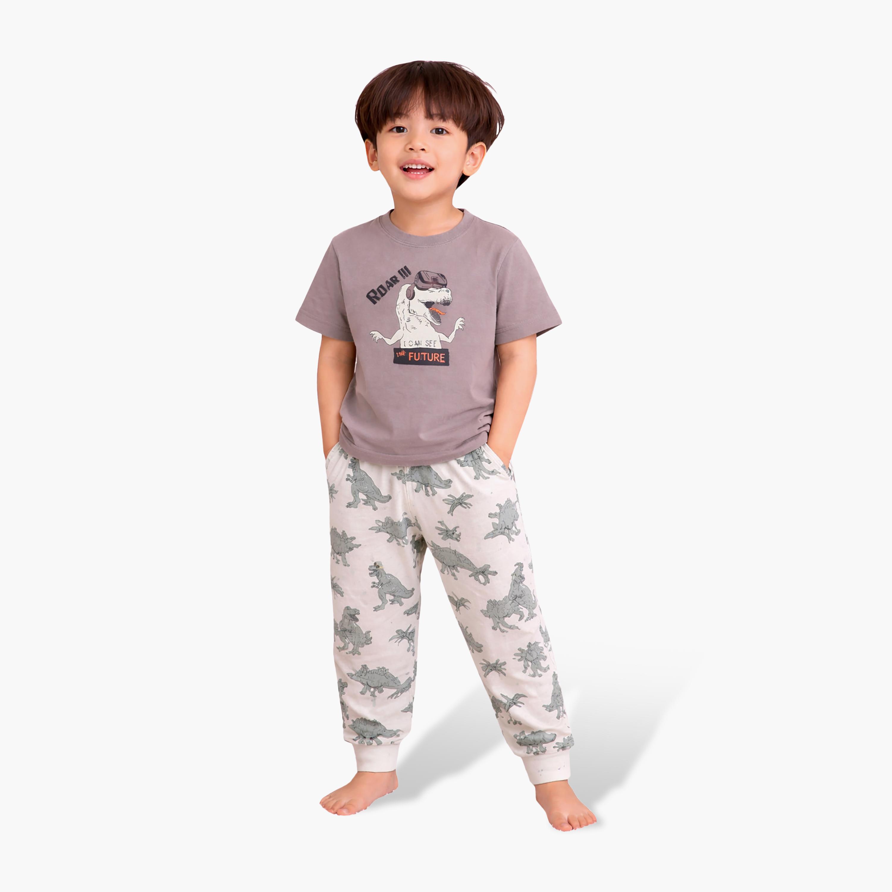 Victor and Jane Dino Graphic Cotton T-Shirt & Pajama Set-boys-clothing-nightwear-image-1