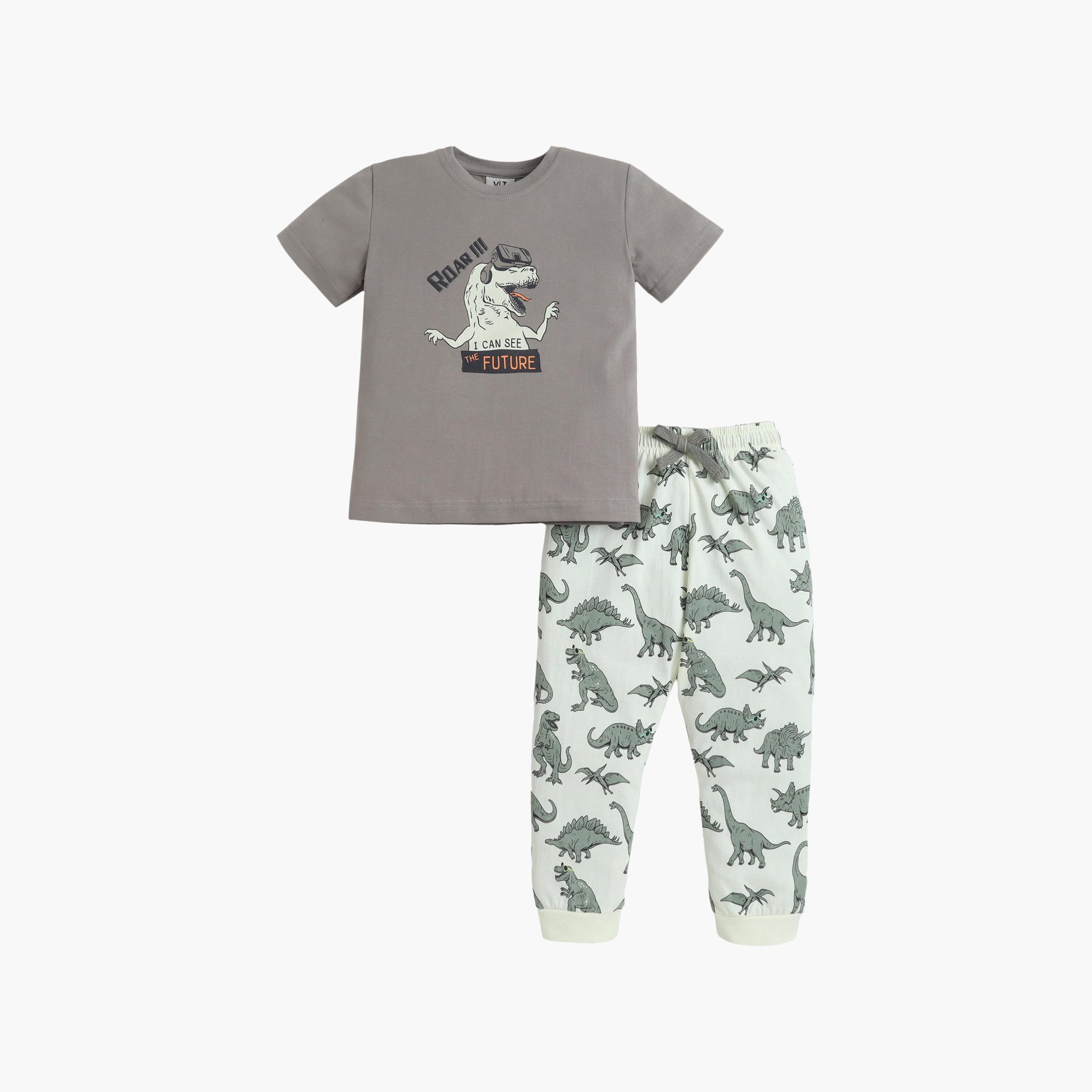Victor and Jane Dino Graphic Cotton T-Shirt & Pajama Set-boys-clothing-nightwear-image-2