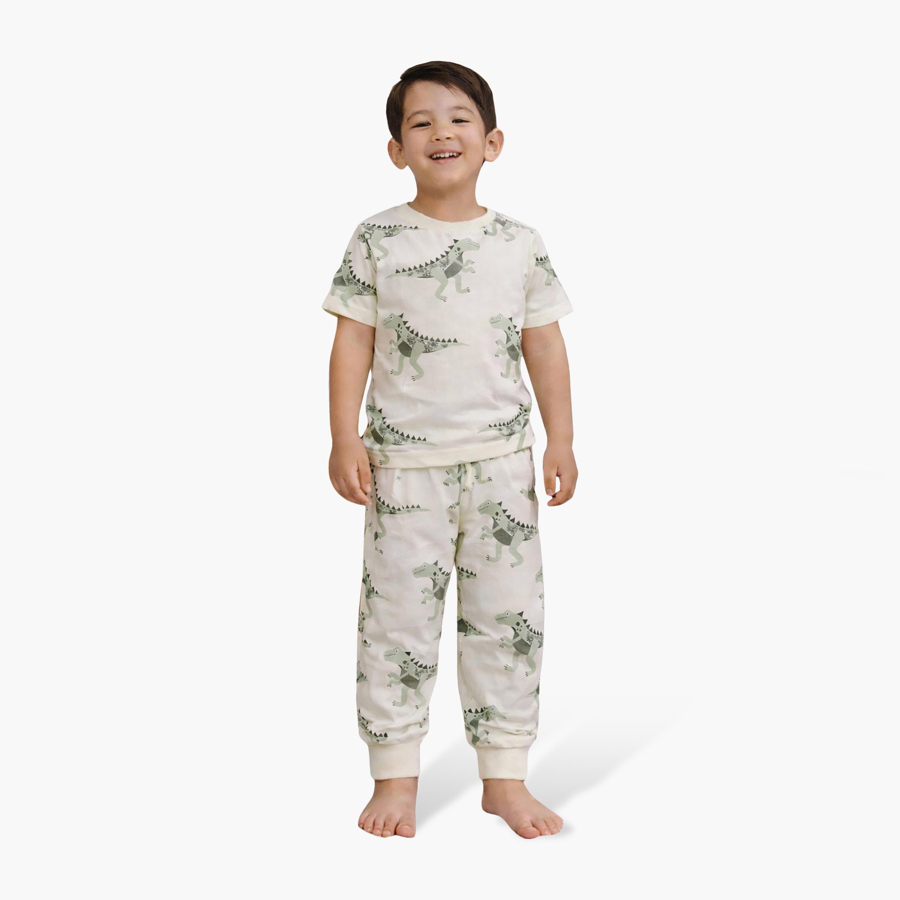 Victor and Jane All-Over Dino Printed Cotton T-Shirt & Pajama Set-boys-clothing-nightwear-image-1