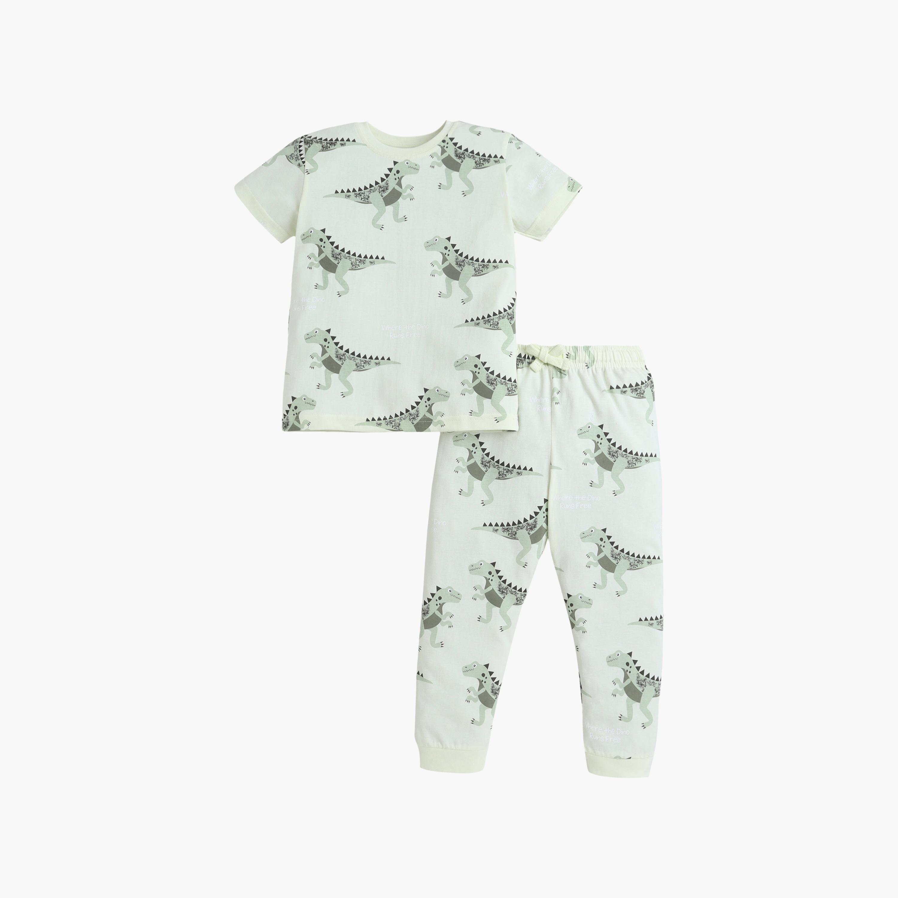 Victor and Jane All-Over Dino Printed Cotton T-Shirt & Pajama Set-boys-clothing-nightwear-image-2