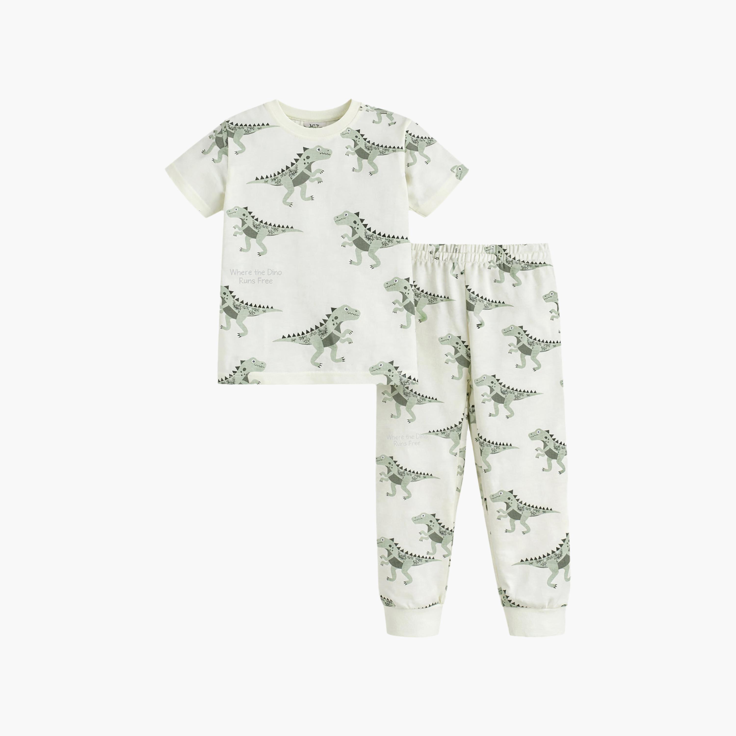 Victor and Jane All-Over Dino Printed Cotton T-Shirt & Pajama Set-boys-clothing-nightwear-image-3