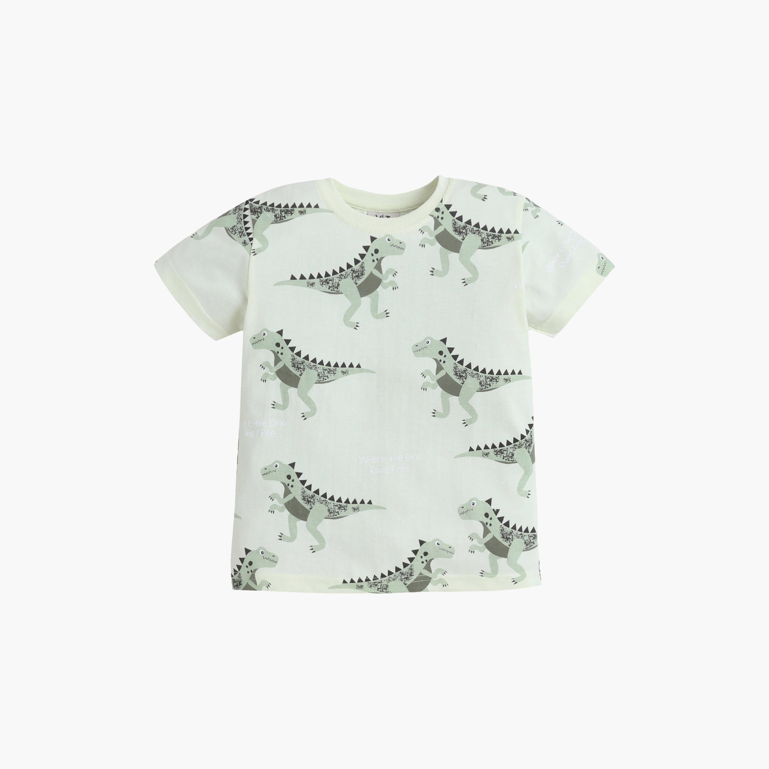 Victor and Jane All-Over Dino Printed Cotton T-Shirt & Pajama Set-boys-clothing-nightwear-image-4