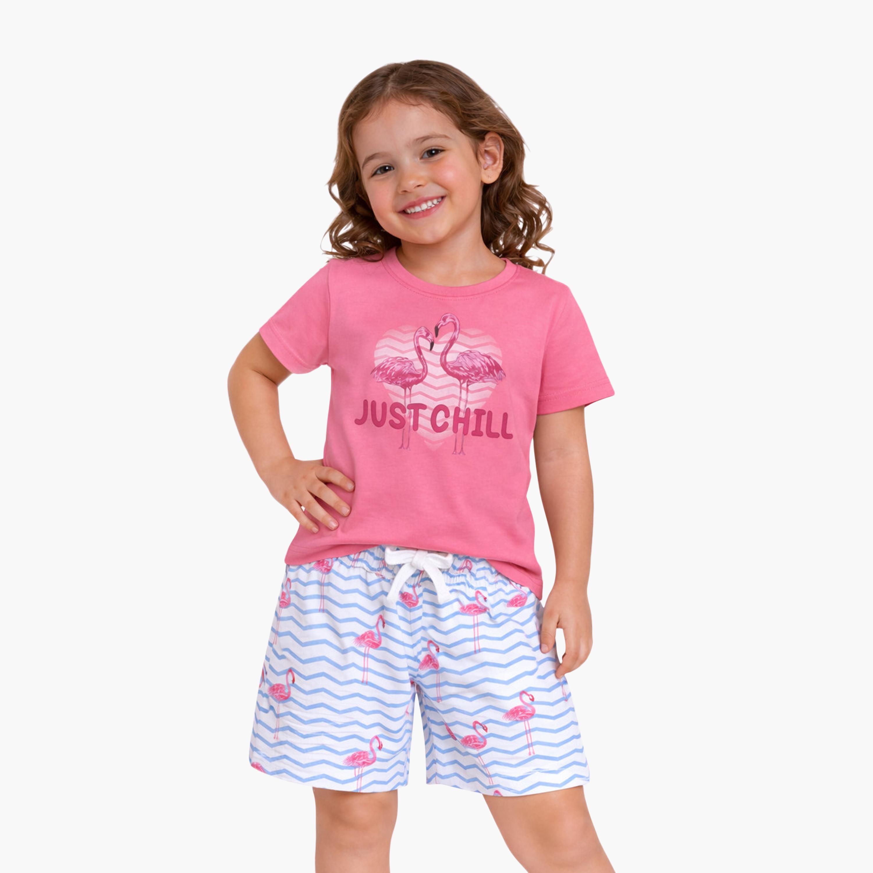 Victor and Jane Cotton Half Sleeves Flamingo Printed T-Shirt & Shorts Set-girls-clothing-setsandcoords-image-1