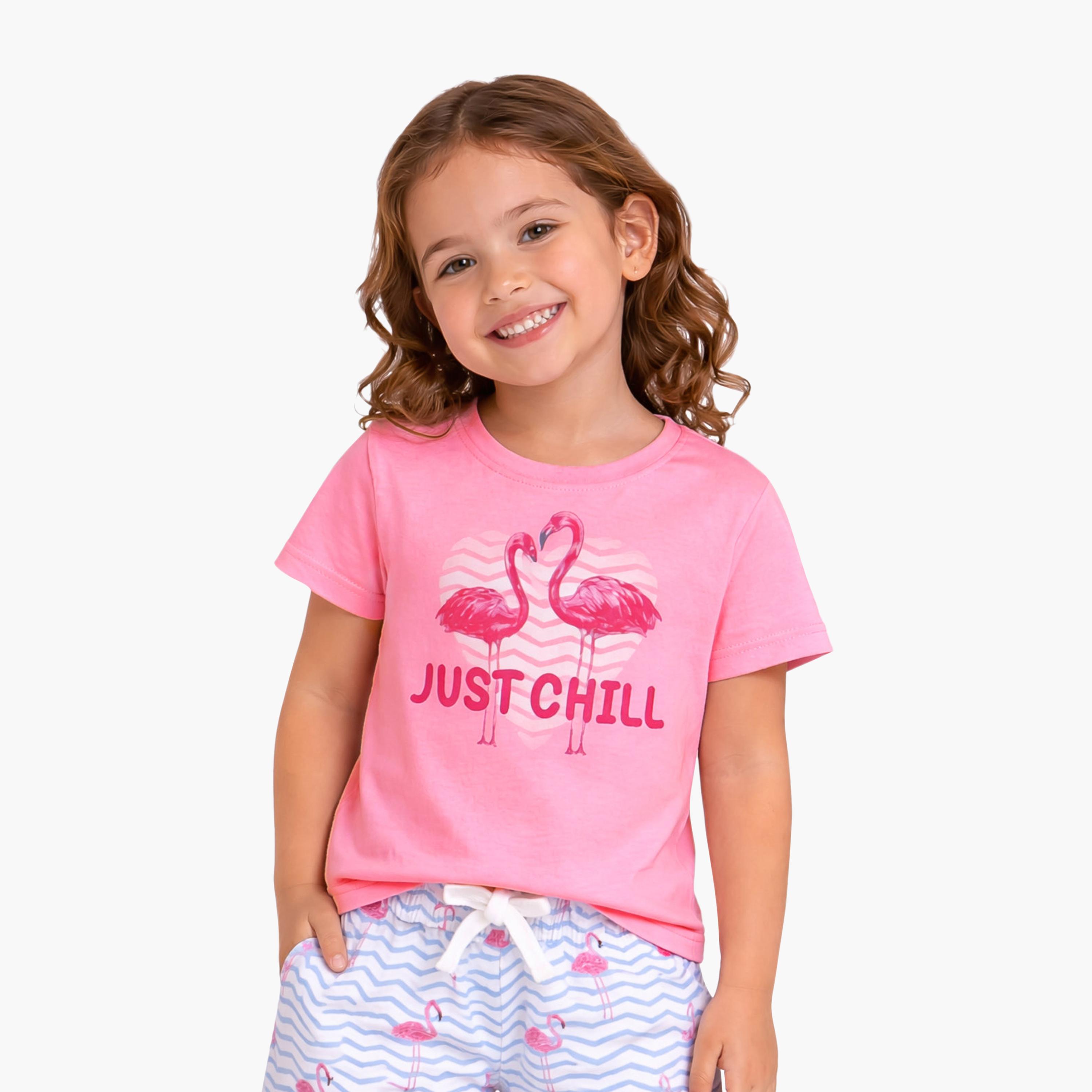 Victor and Jane Cotton Half Sleeves Flamingo Printed T-Shirt & Shorts Set-girls-clothing-setsandcoords-image-2