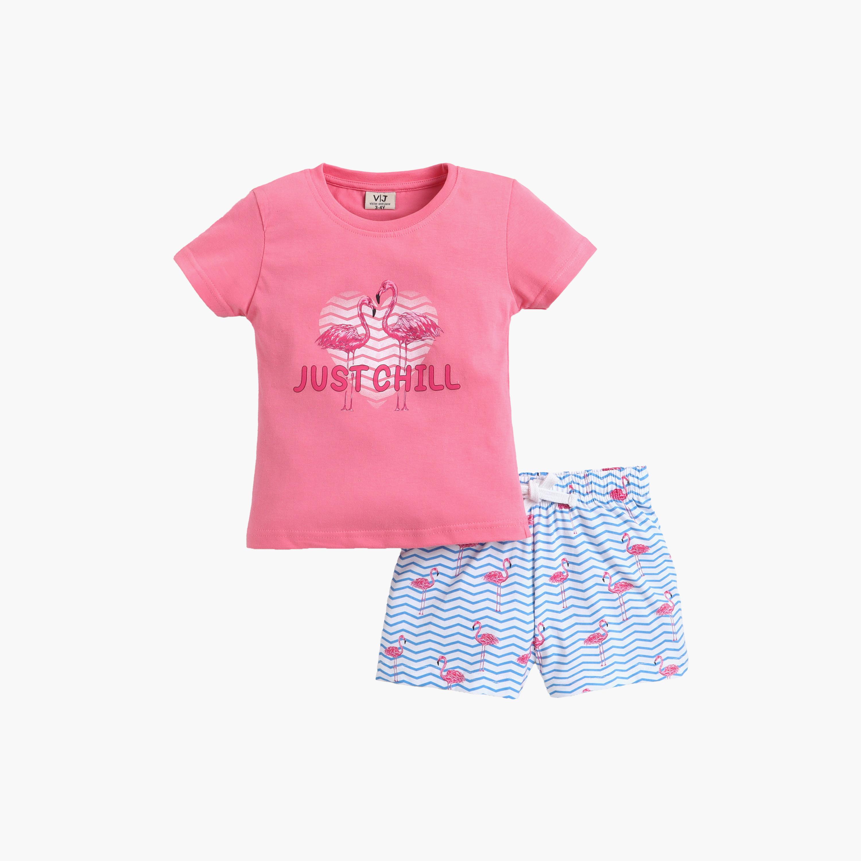 Victor and Jane Cotton Half Sleeves Flamingo Printed T-Shirt & Shorts Set-girls-clothing-setsandcoords-image-3