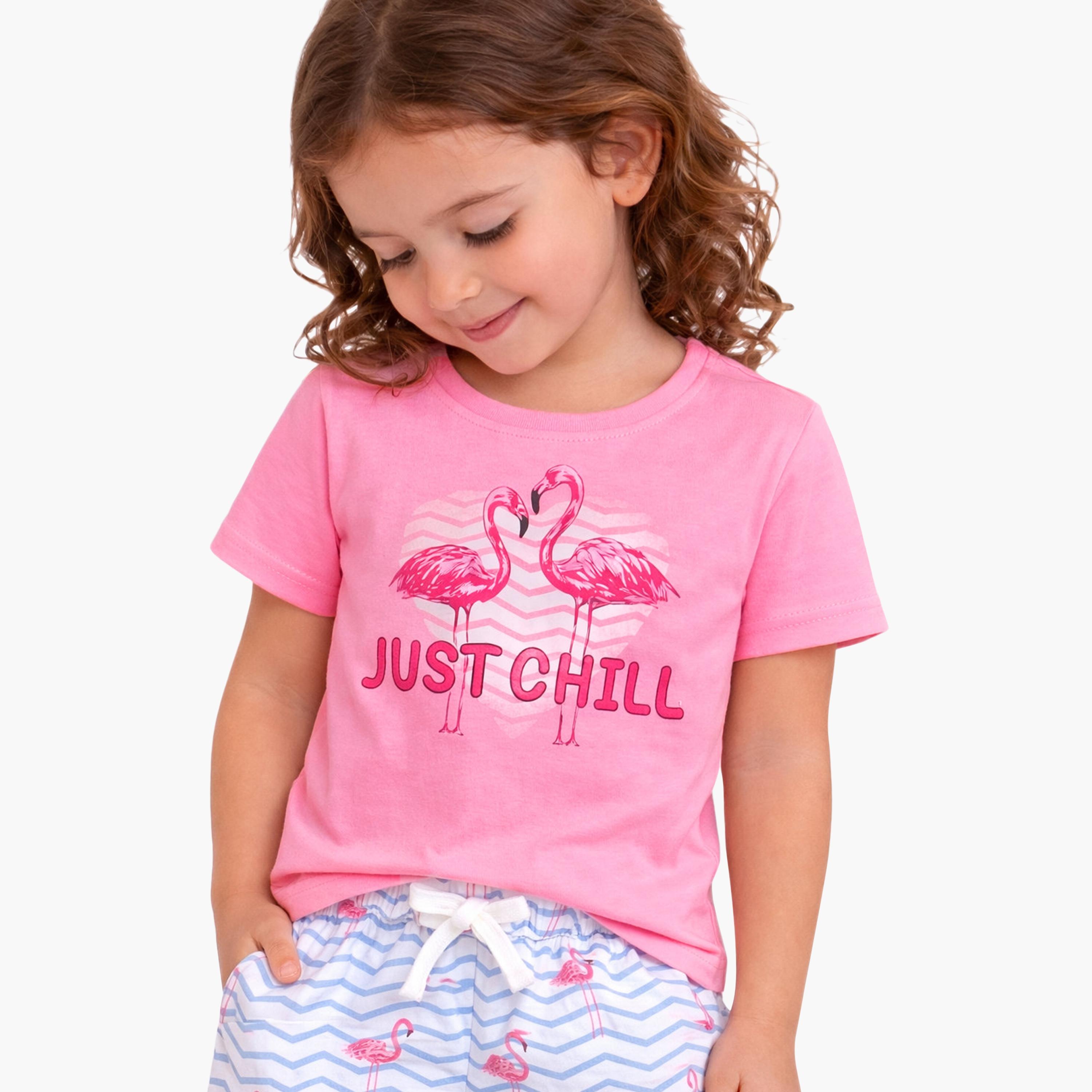 Victor and Jane Cotton Half Sleeves Flamingo Printed T-Shirt & Shorts Set-girls-clothing-setsandcoords-image-6