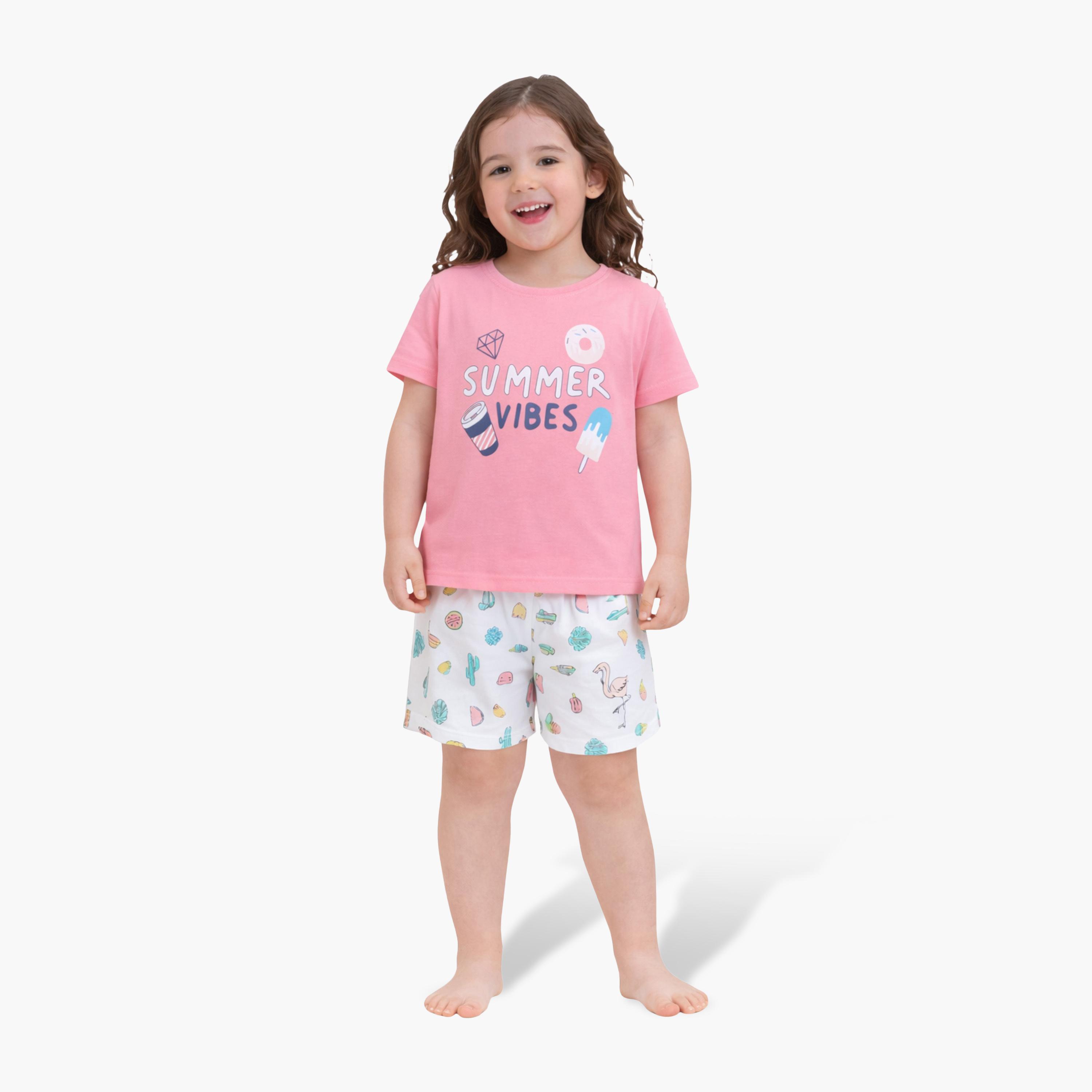 Victor and Jane Summer Vibes Printed Cotton T-Shirt & Shorts Set-girls-clothing-setsandcoords-image-1