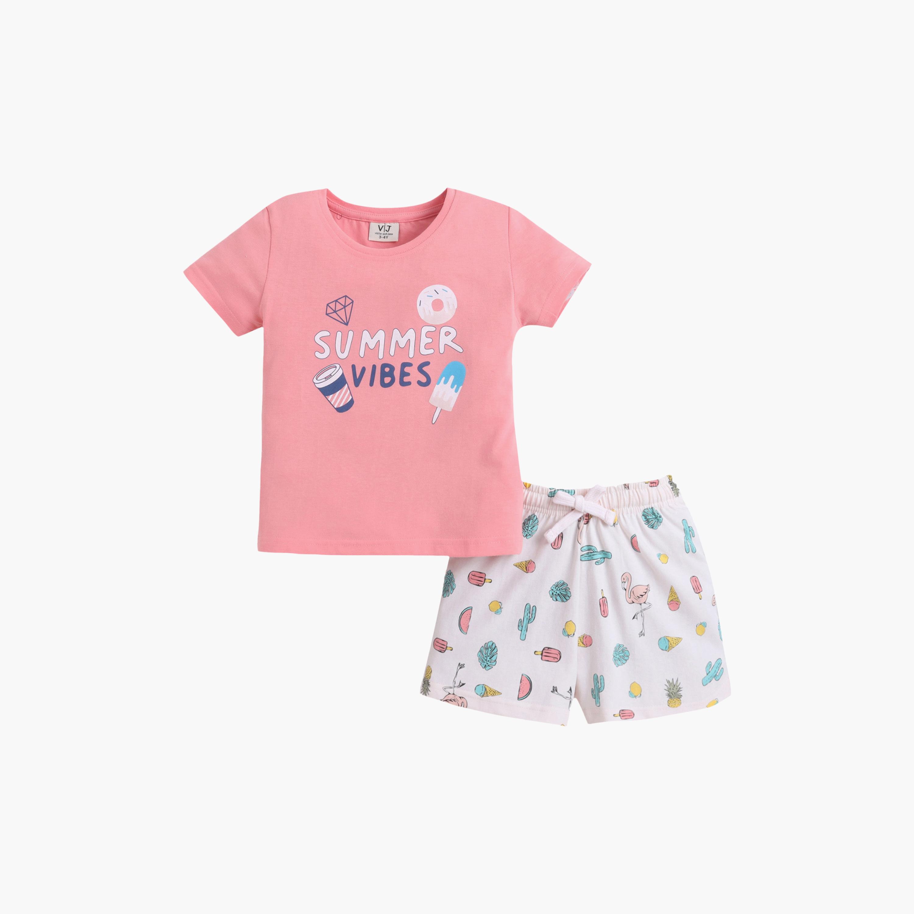 Victor and Jane Summer Vibes Printed Cotton T-Shirt & Shorts Set-girls-clothing-setsandcoords-image-2