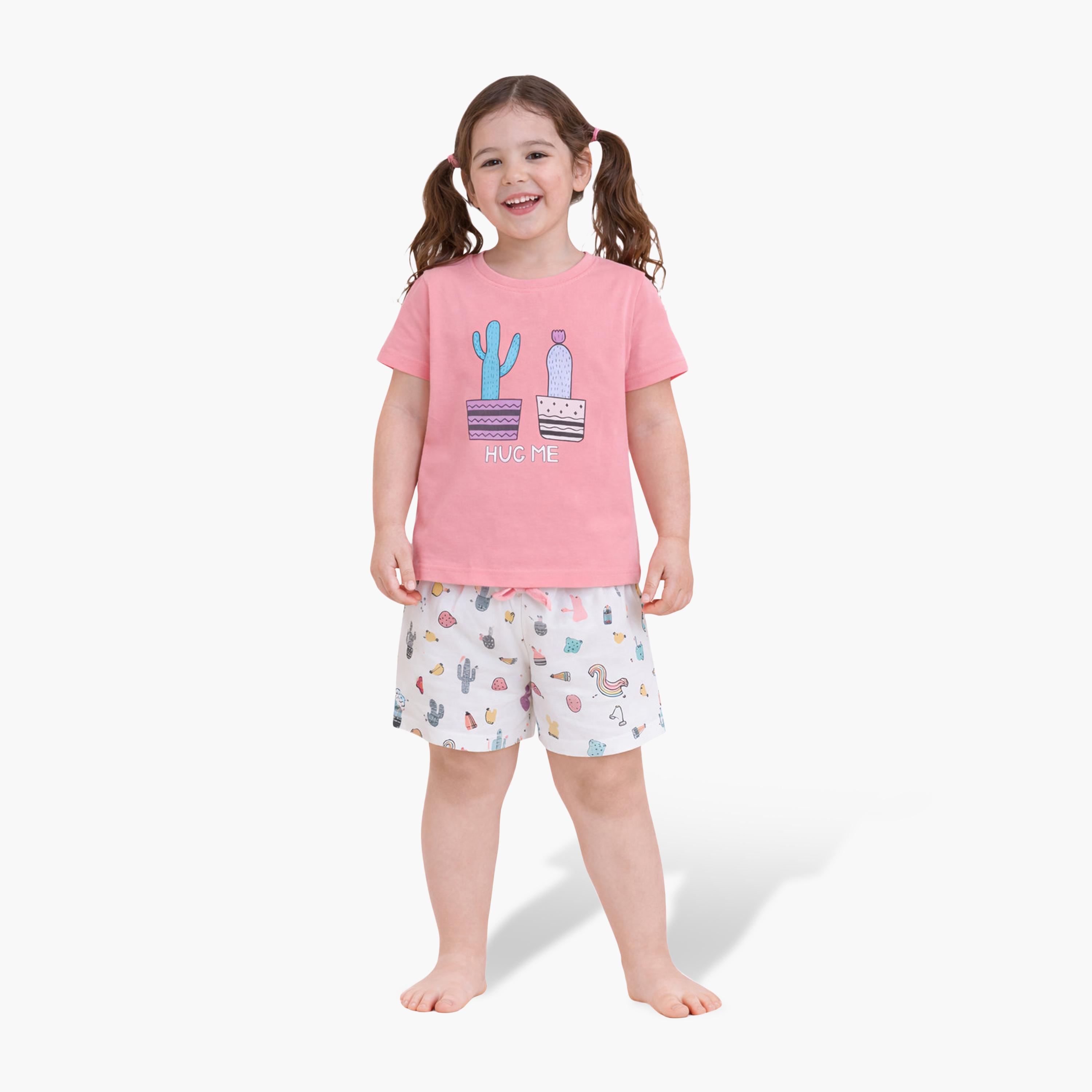 Victor and Jane Cactus Printed Cotton T-Shirt & Shorts Set-girls-clothing-setsandcoords-image-1