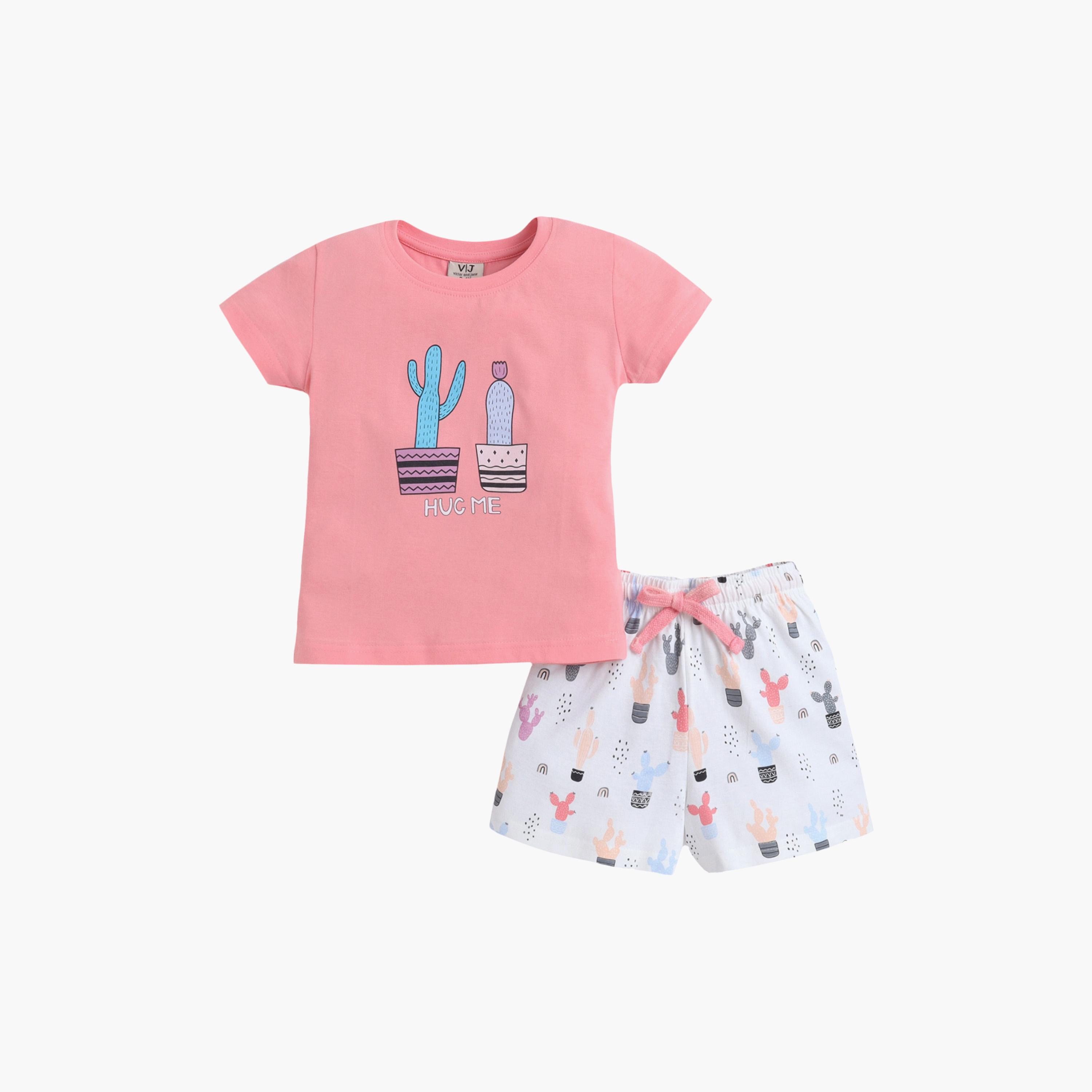 Victor and Jane Cactus Printed Cotton T-Shirt & Shorts Set-girls-clothing-setsandcoords-image-2