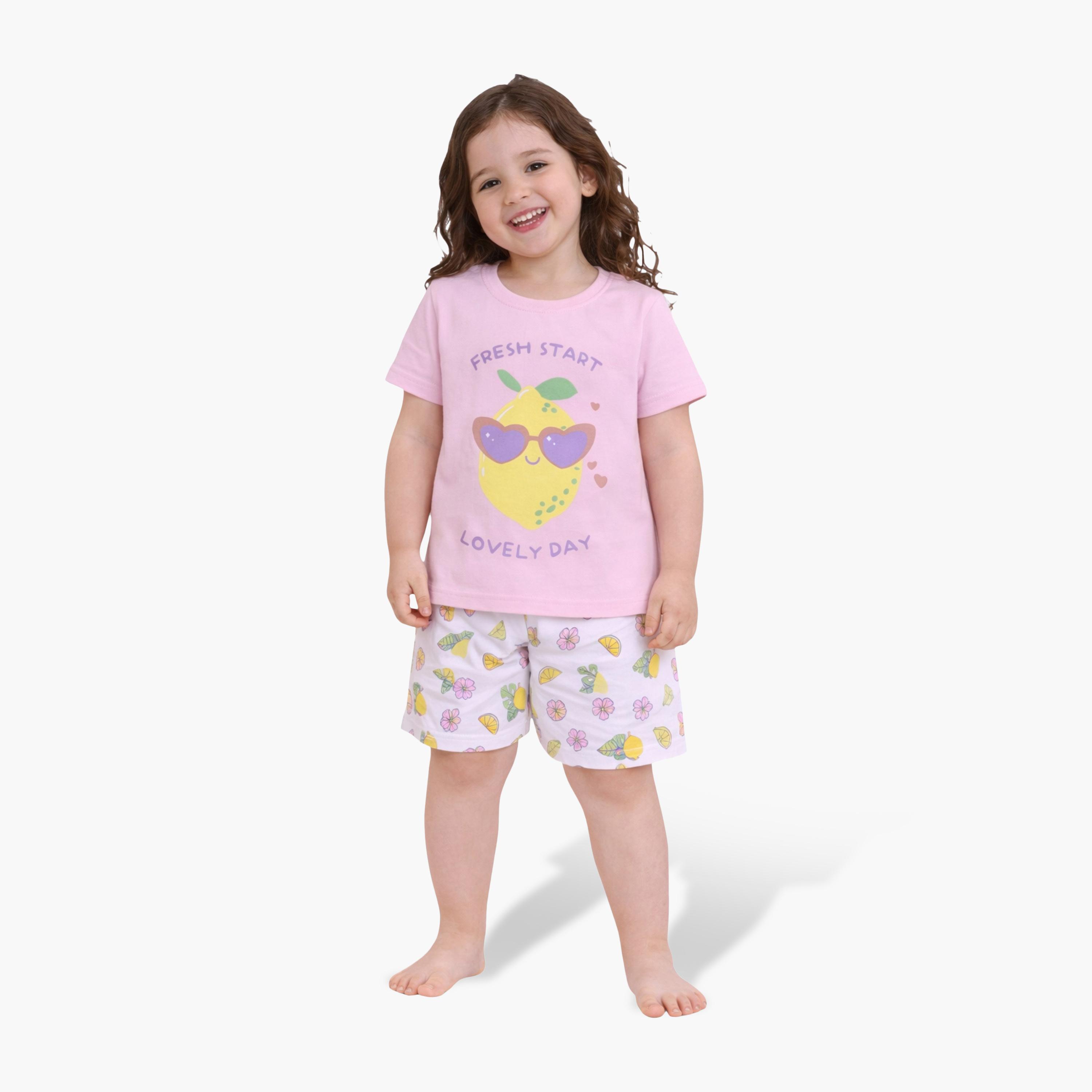 Victor and Jane Lemon Printed Cotton T-Shirt & Shorts Set-baby-girls-clothing-setsandcoords-image-1
