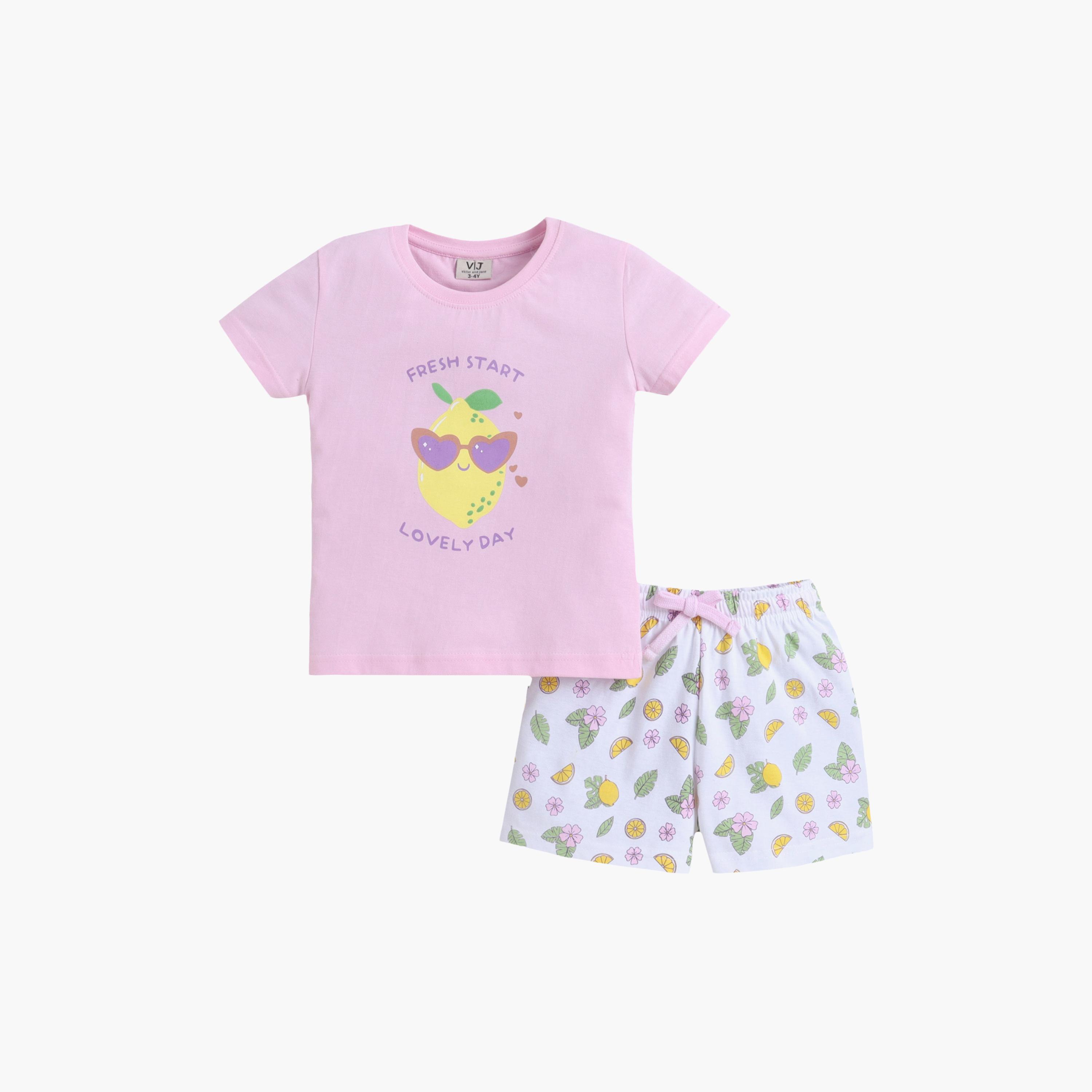 Victor and Jane Lemon Printed Cotton T-Shirt & Shorts Set-baby-girls-clothing-setsandcoords-image-2