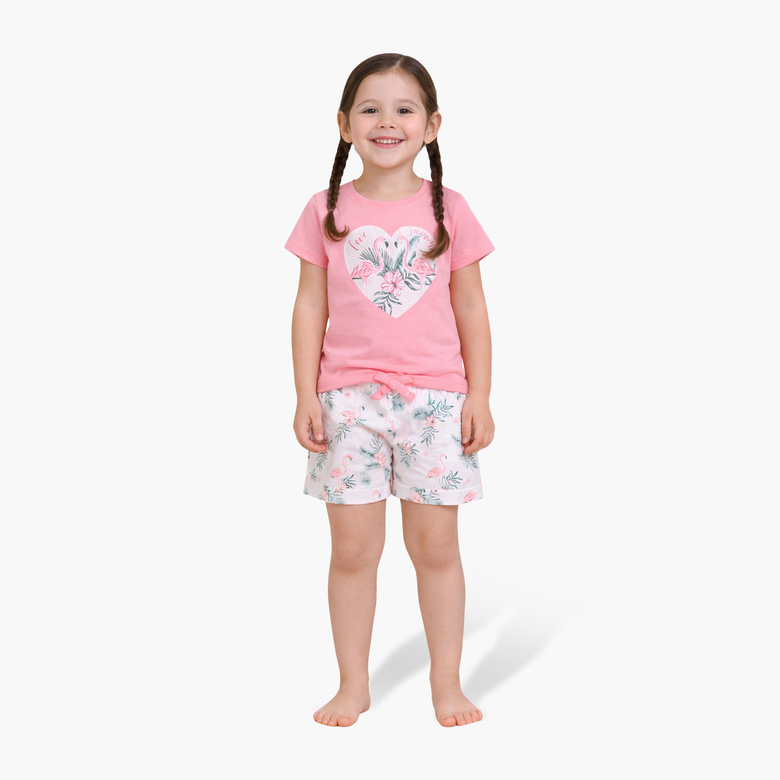 Victor and Jane Flamingo Printed Cotton T-Shirt & Shorts Set-girls-clothing-setsandcoords-image-1