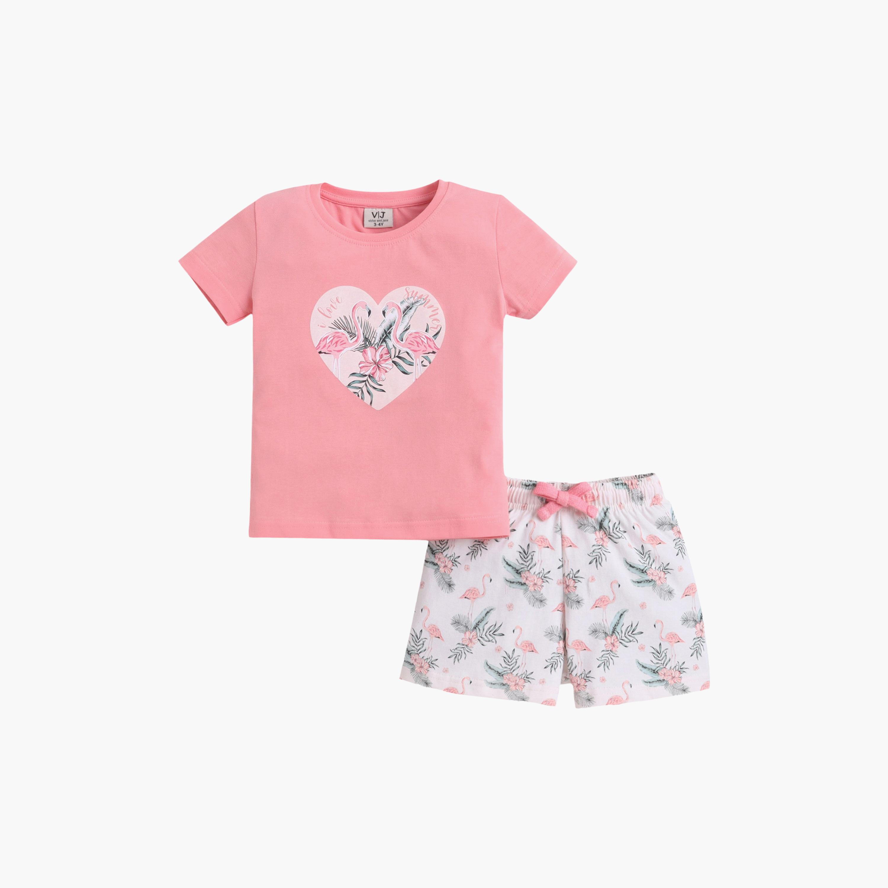 Victor and Jane Flamingo Printed Cotton T-Shirt & Shorts Set-girls-clothing-setsandcoords-image-2