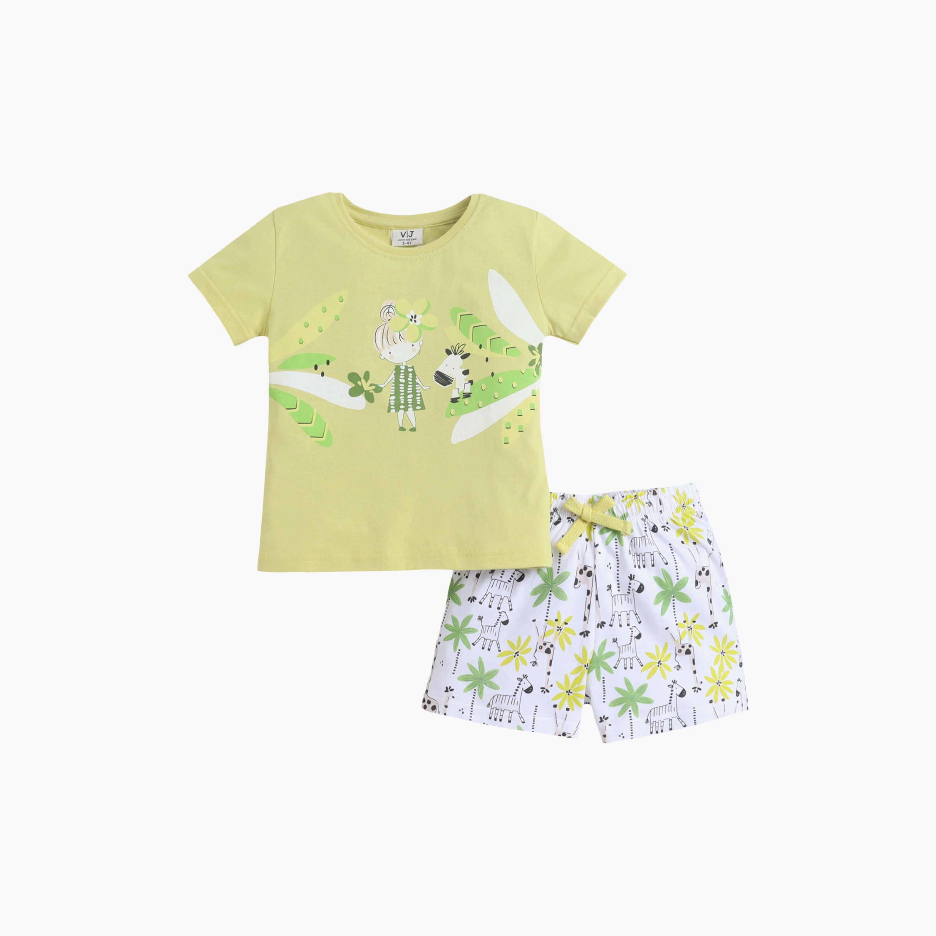 طقم تي شيرت قطني وشورت بطبعة من الطبيعة من فيكتور آند جين-baby-girls-clothing-setsandcoords-image-1